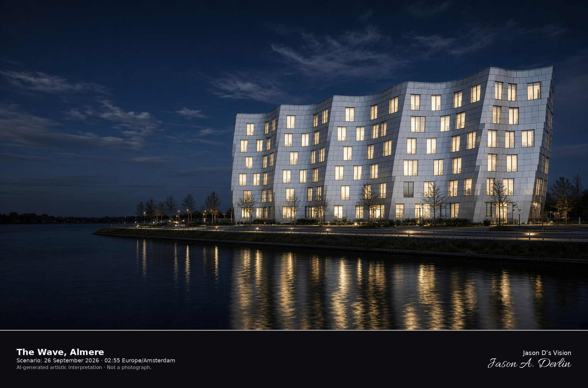 AI-generated artistic interpretation of The Wave housing block over the Weerwater in Almere at night