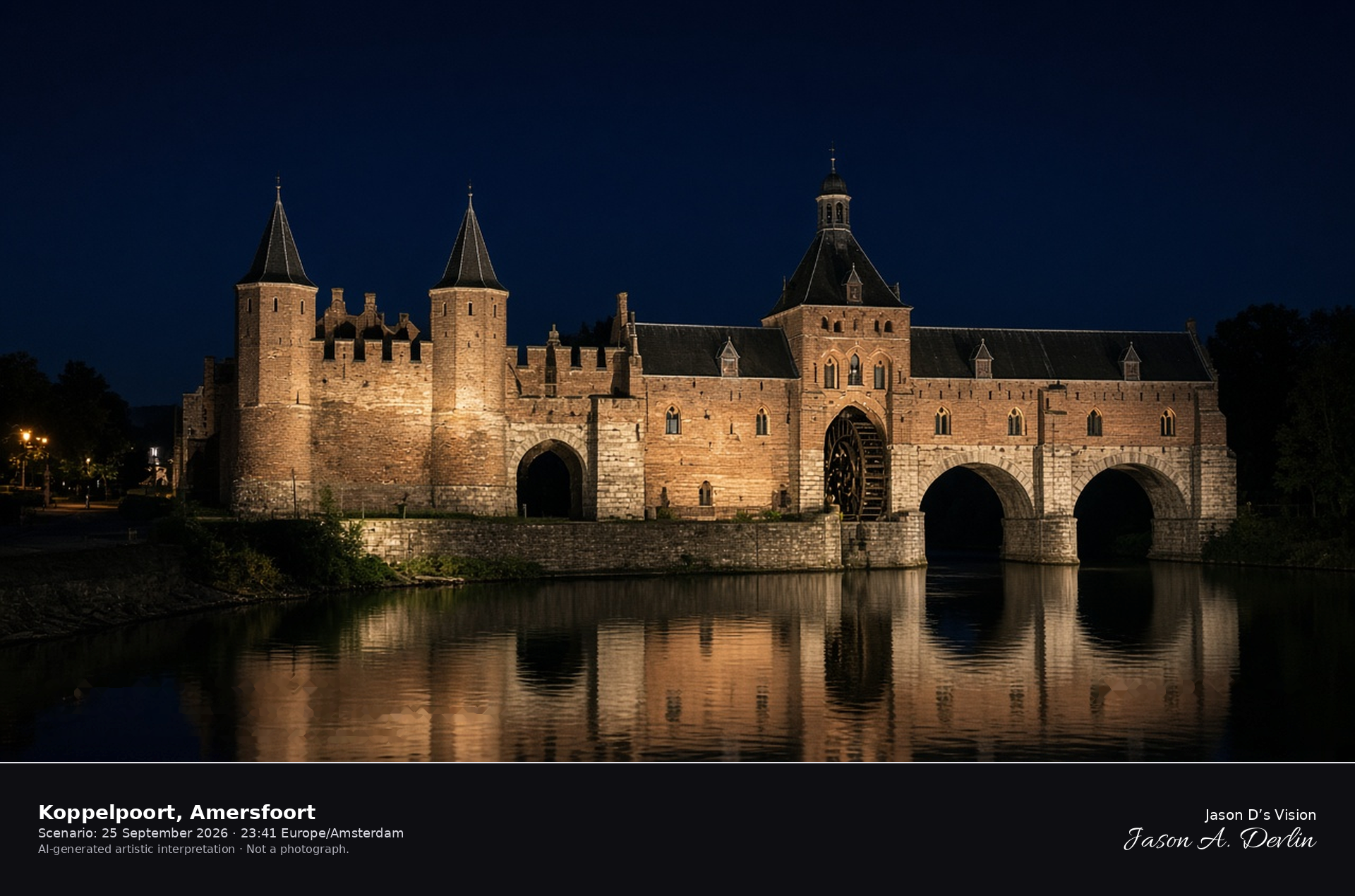 AI-generated artistic interpretation of the Koppelpoort in Amersfoort on a clear night, the brick gate over the river