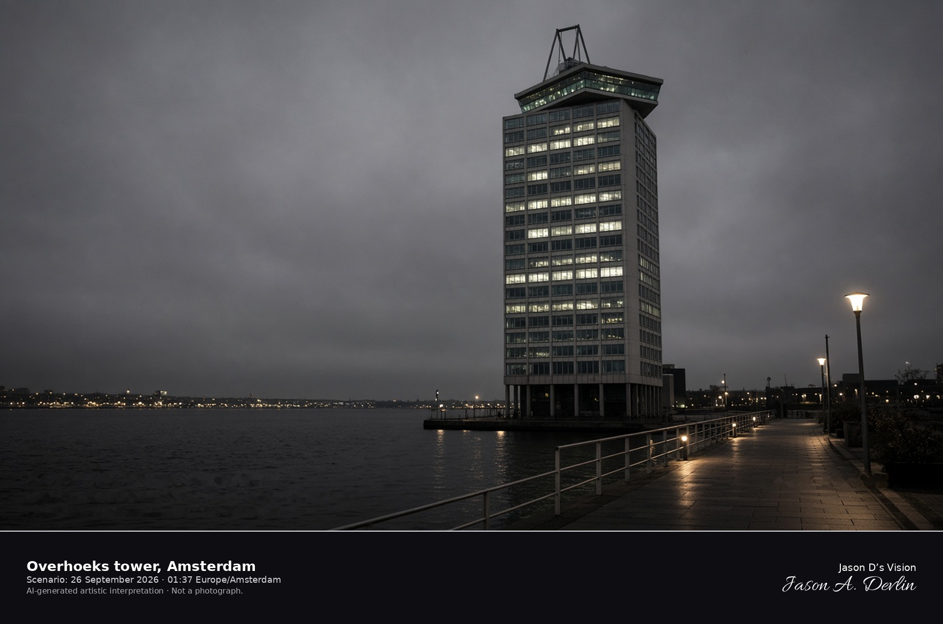 AI-generated artistic interpretation of the Overhoeks tower on the IJ in Amsterdam-Noord on an overcast night