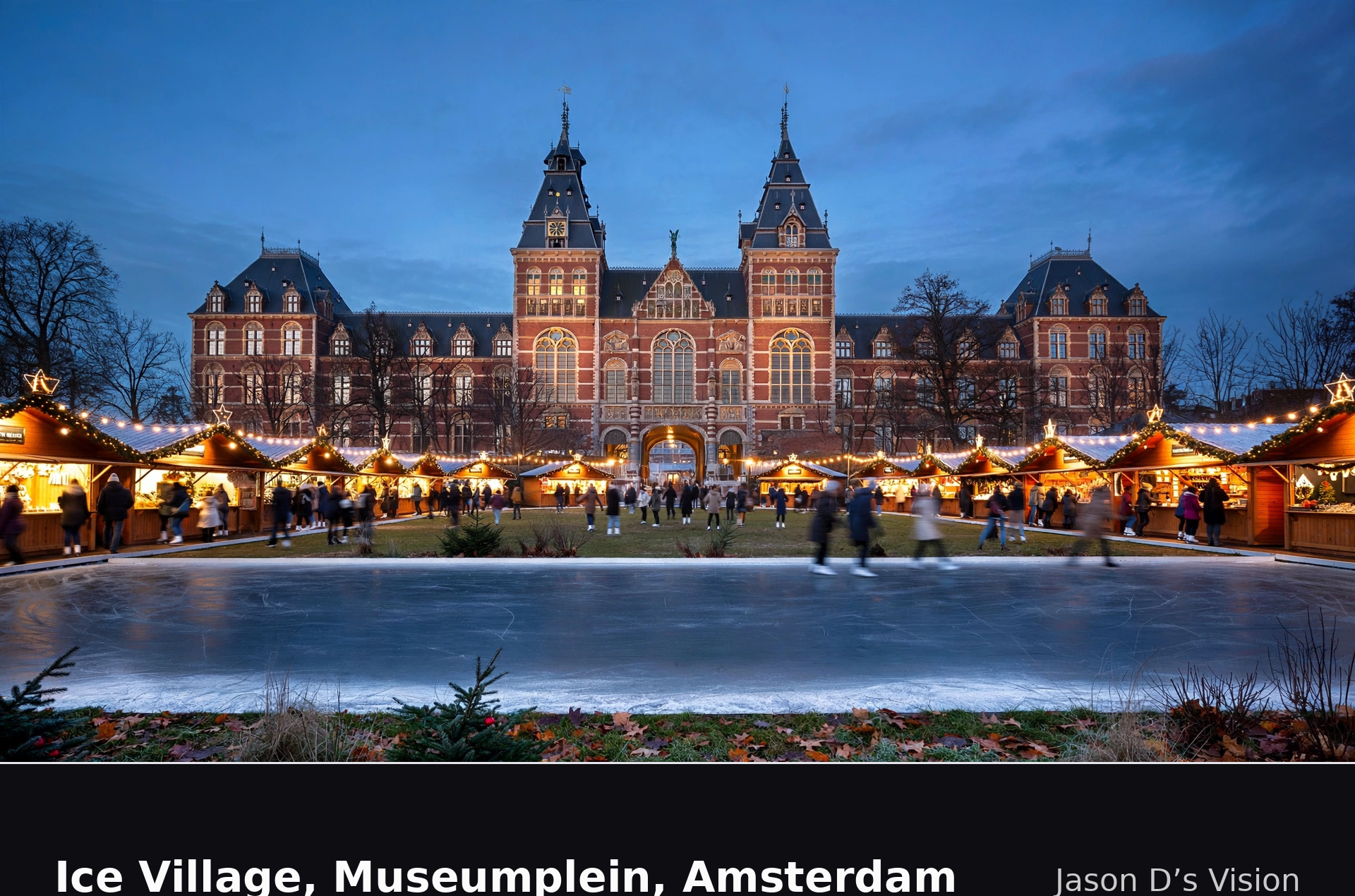 AI-generated artistic interpretation of the Museumplein Ice Village in Amsterdam on a December evening, with the Rijksmuseum behind the rink
