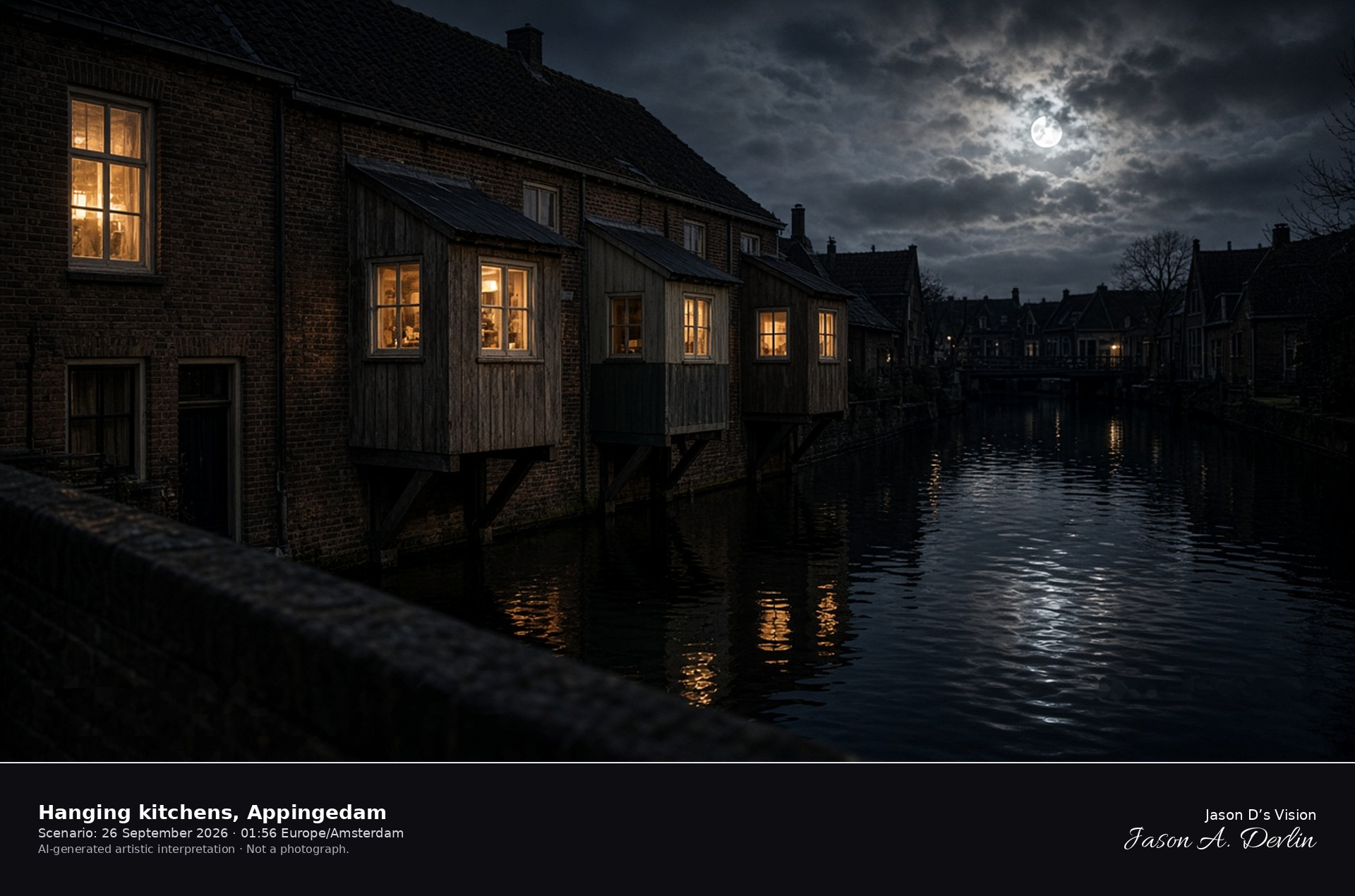 AI-generated artistic interpretation of the three hanging kitchens over the canal in Appingedam on a partly cloudy night
