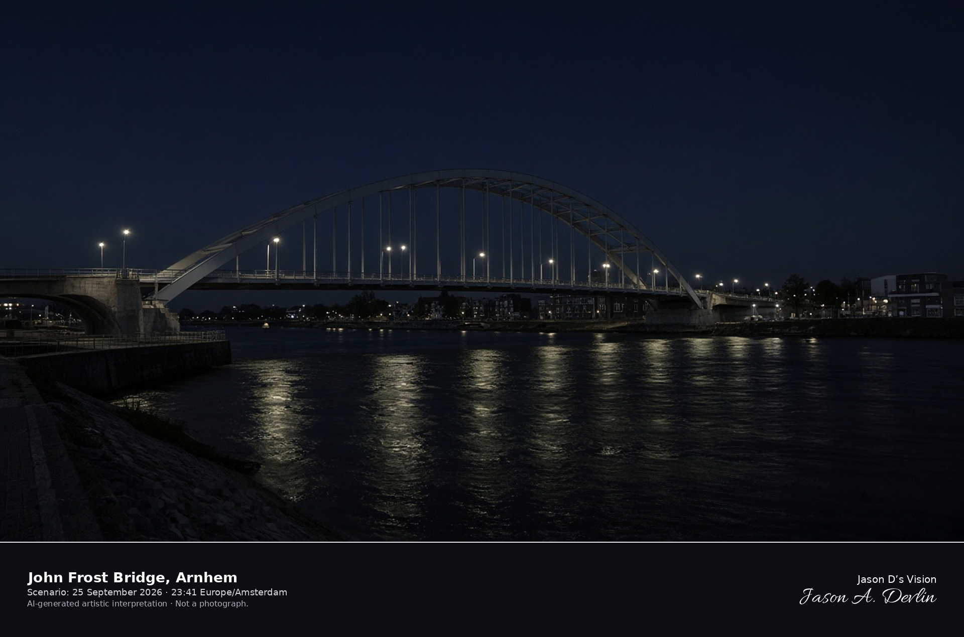 AI-generated artistic interpretation of the John Frost Bridge over the Rhine at Arnhem on a clear night