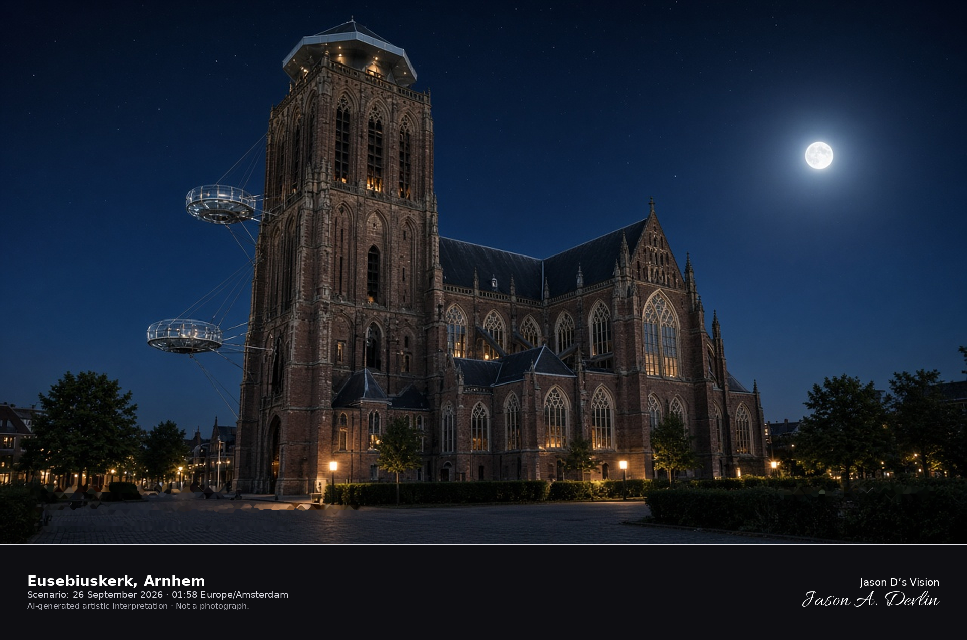 AI-generated artistic interpretation of the Eusebiuskerk in Arnhem at night, with its octagonal crown and empty glass balconies under a clear sky