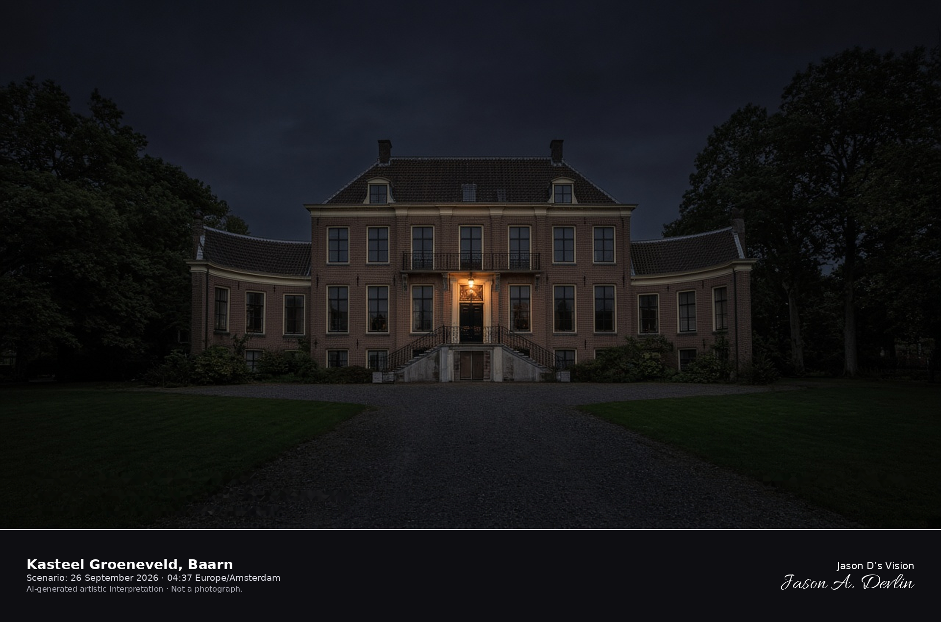 AI-generated artistic interpretation of Kasteel Groeneveld in Baarn at night
