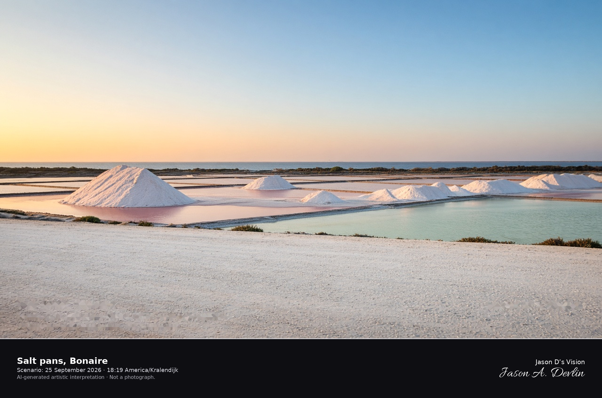 AI-generated artistic interpretation of the southern Bonaire salt pans in low late-day sun