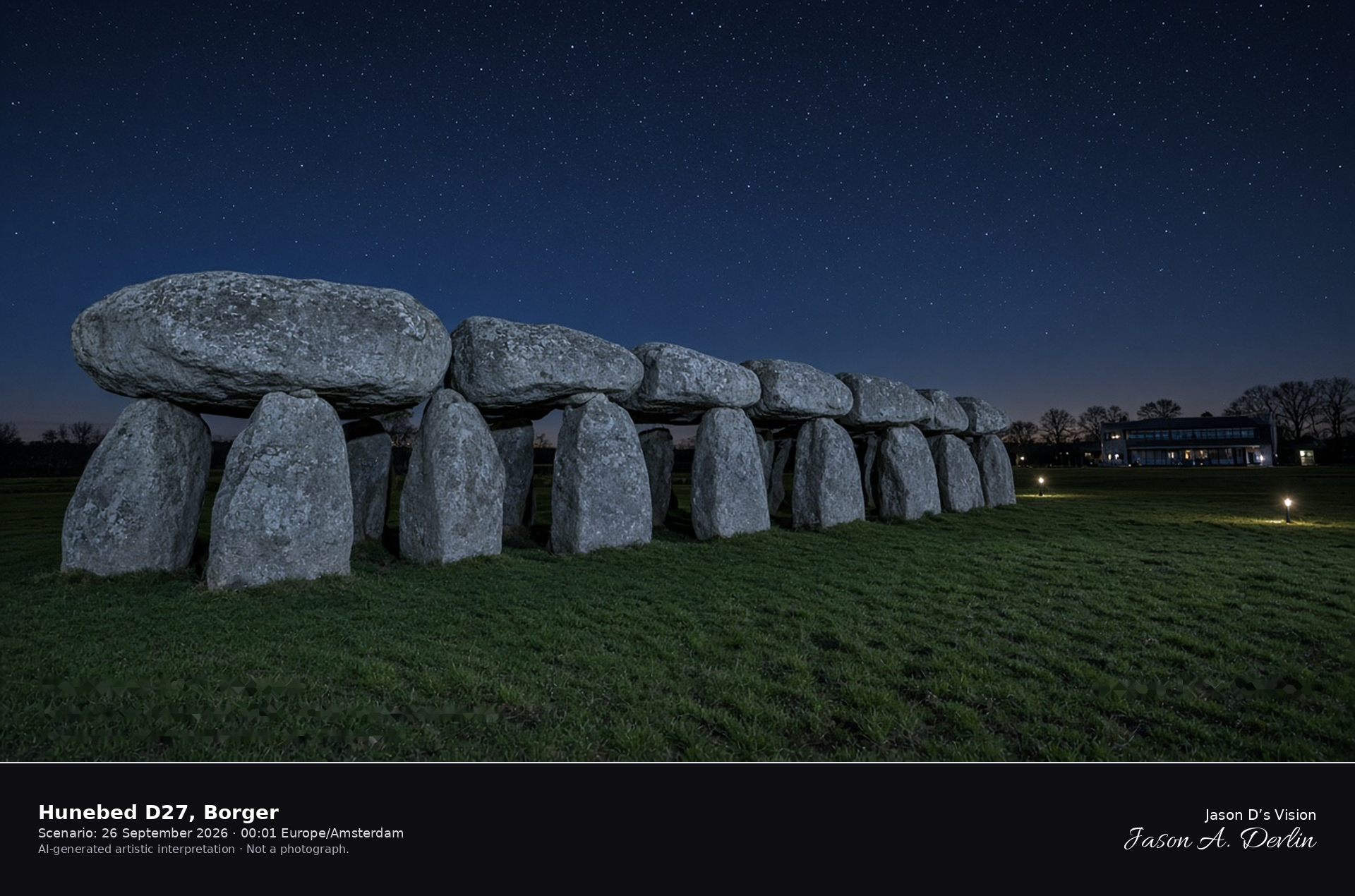 AI-generated artistic interpretation of hunebed D27 at Borger on a clear night