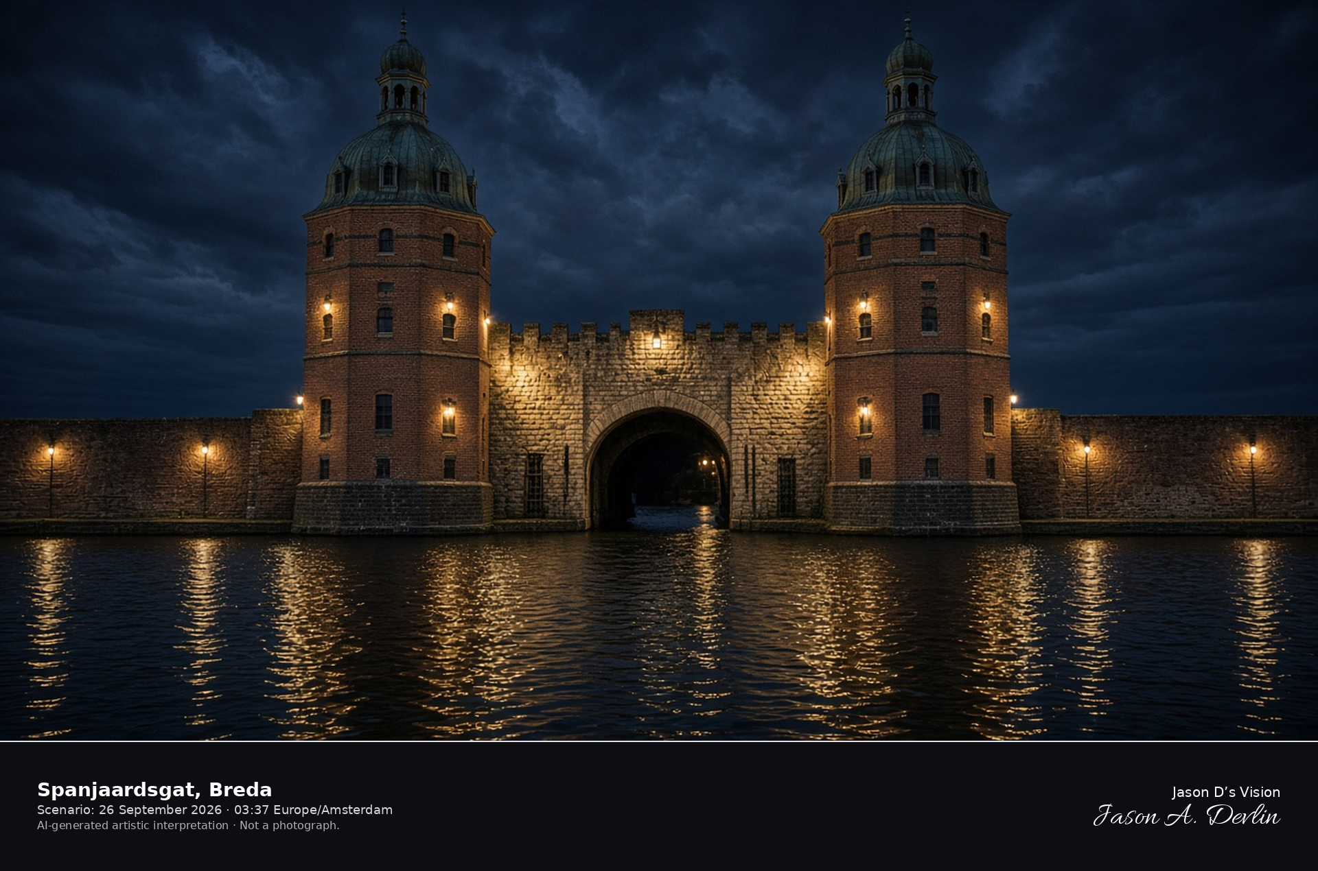 AI-generated artistic interpretation of the Spanjaardsgat water gate in Breda at night