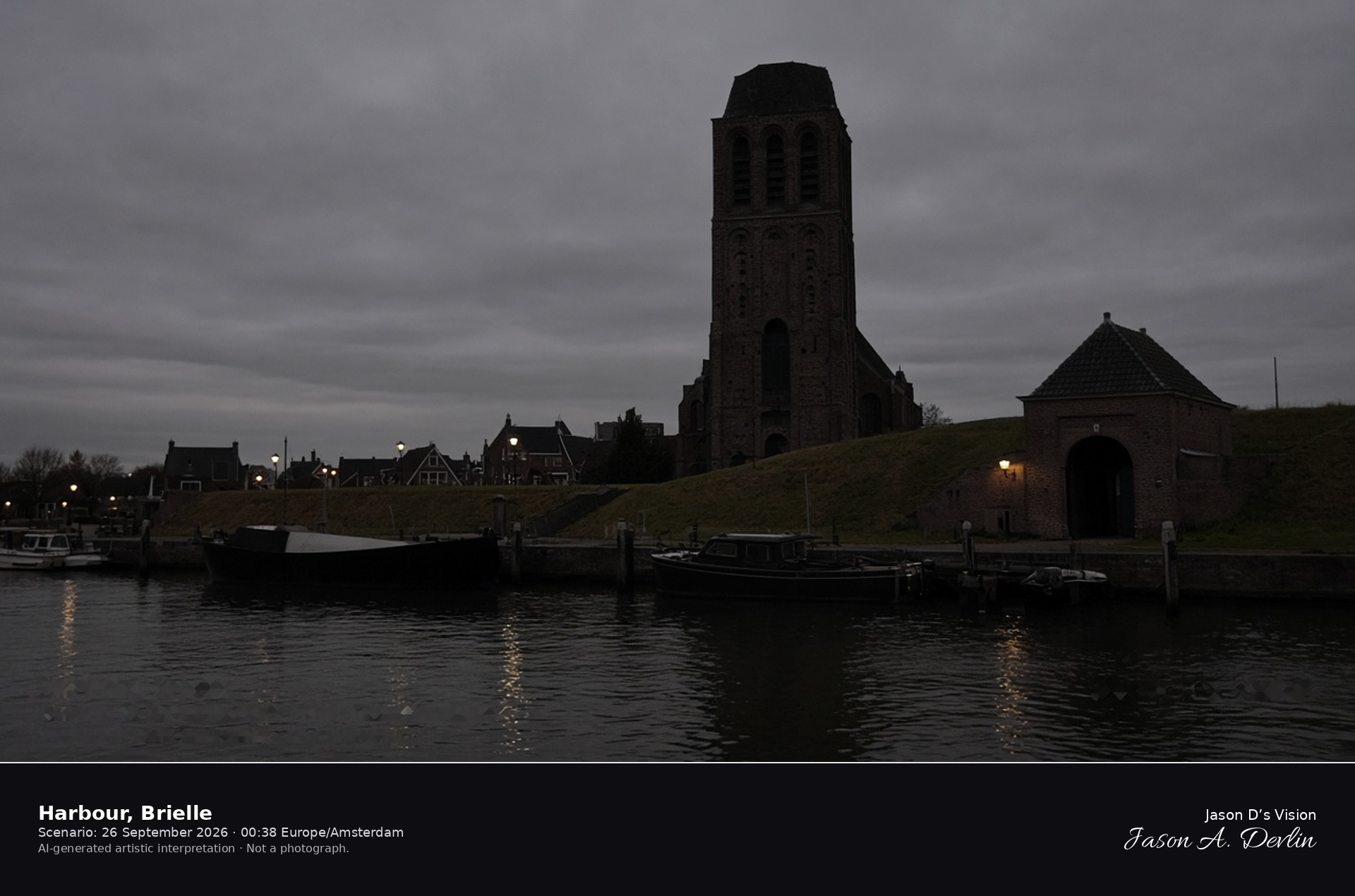AI-generated artistic interpretation of Brielle harbour, the city gate, and the church tower on an overcast night