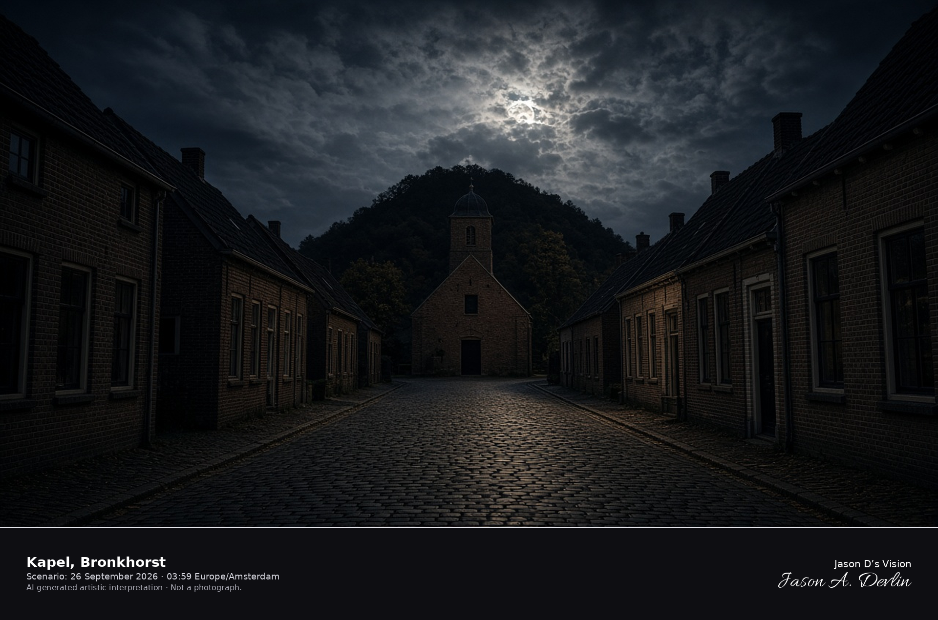 AI-generated artistic interpretation of the chapel and cobbled street in Bronkhorst at night