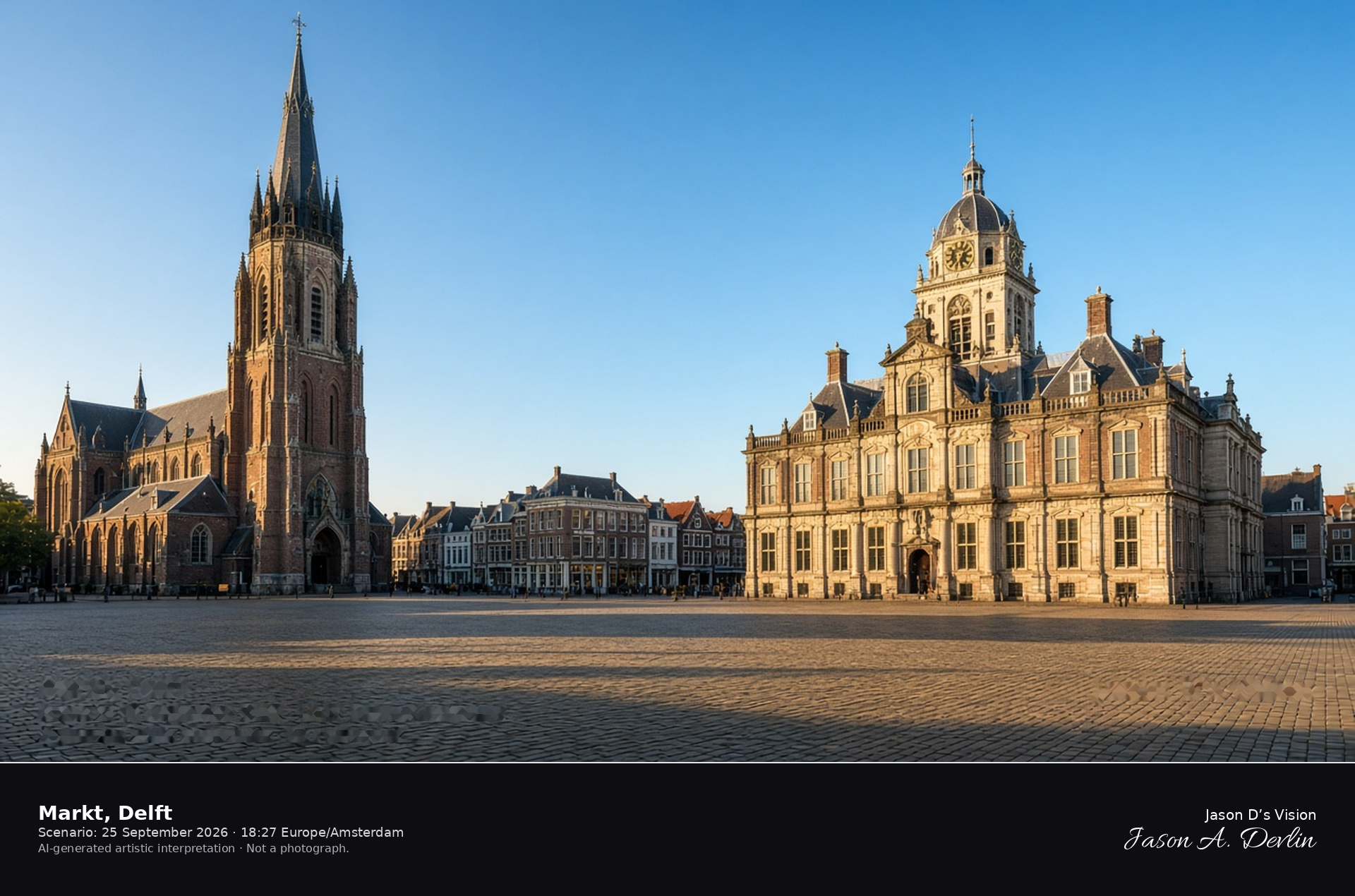 AI-generated artistic interpretation of the Markt in Delft, with the Nieuwe Kerk and the Stadhuis, on a clear late afternoon