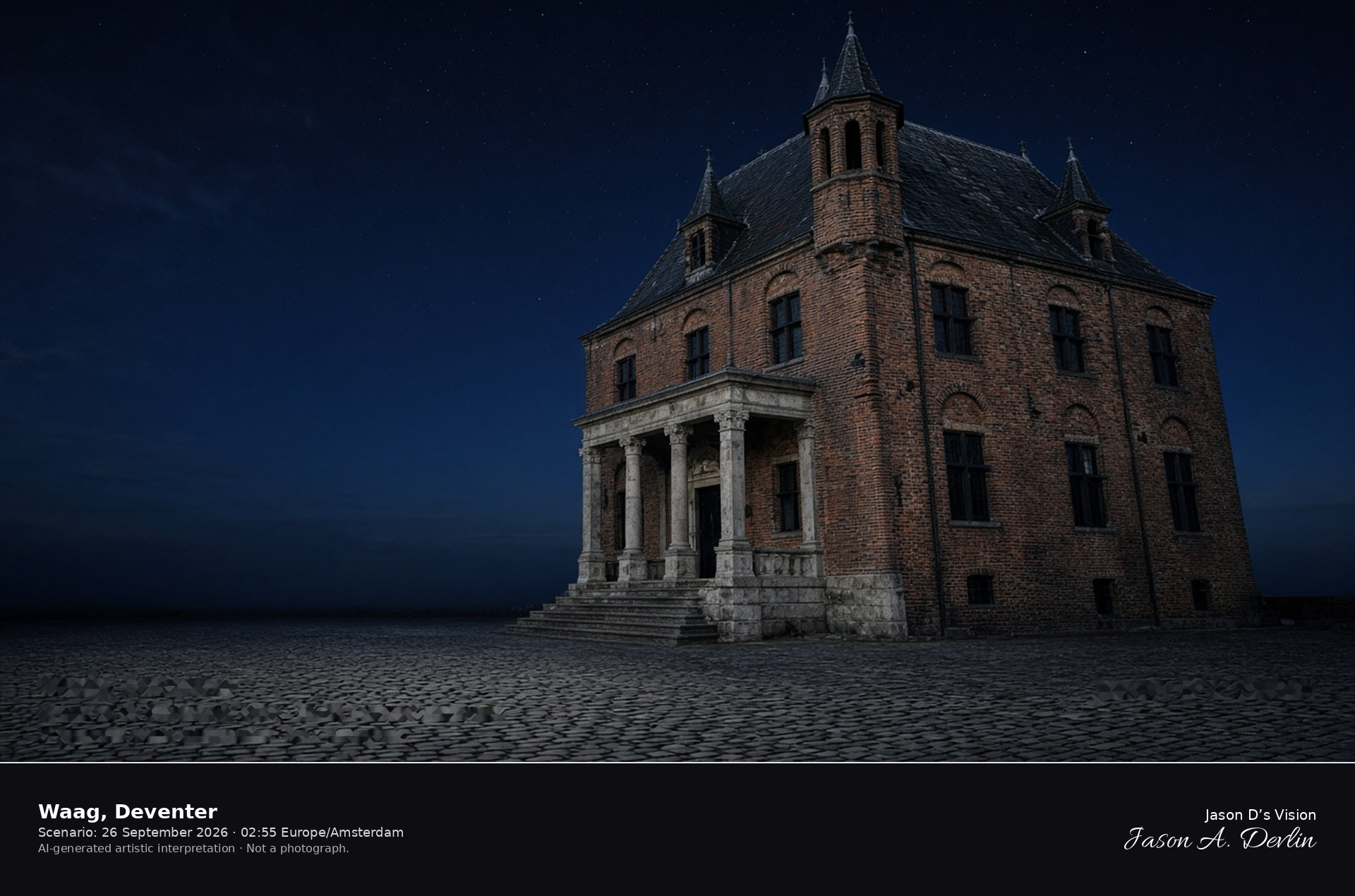 AI-generated artistic interpretation of the leaning Waag on the Brink in Deventer at night