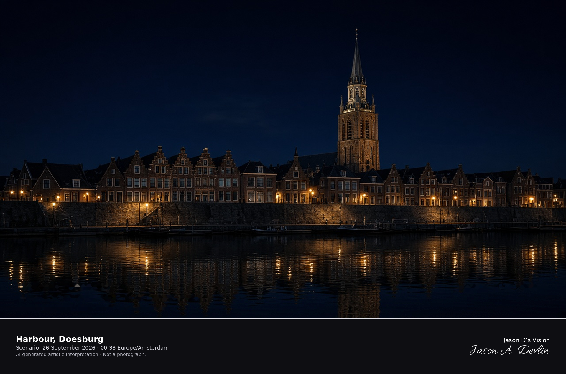 AI-generated artistic interpretation of the IJssel quay and church tower at Doesburg on a clear night