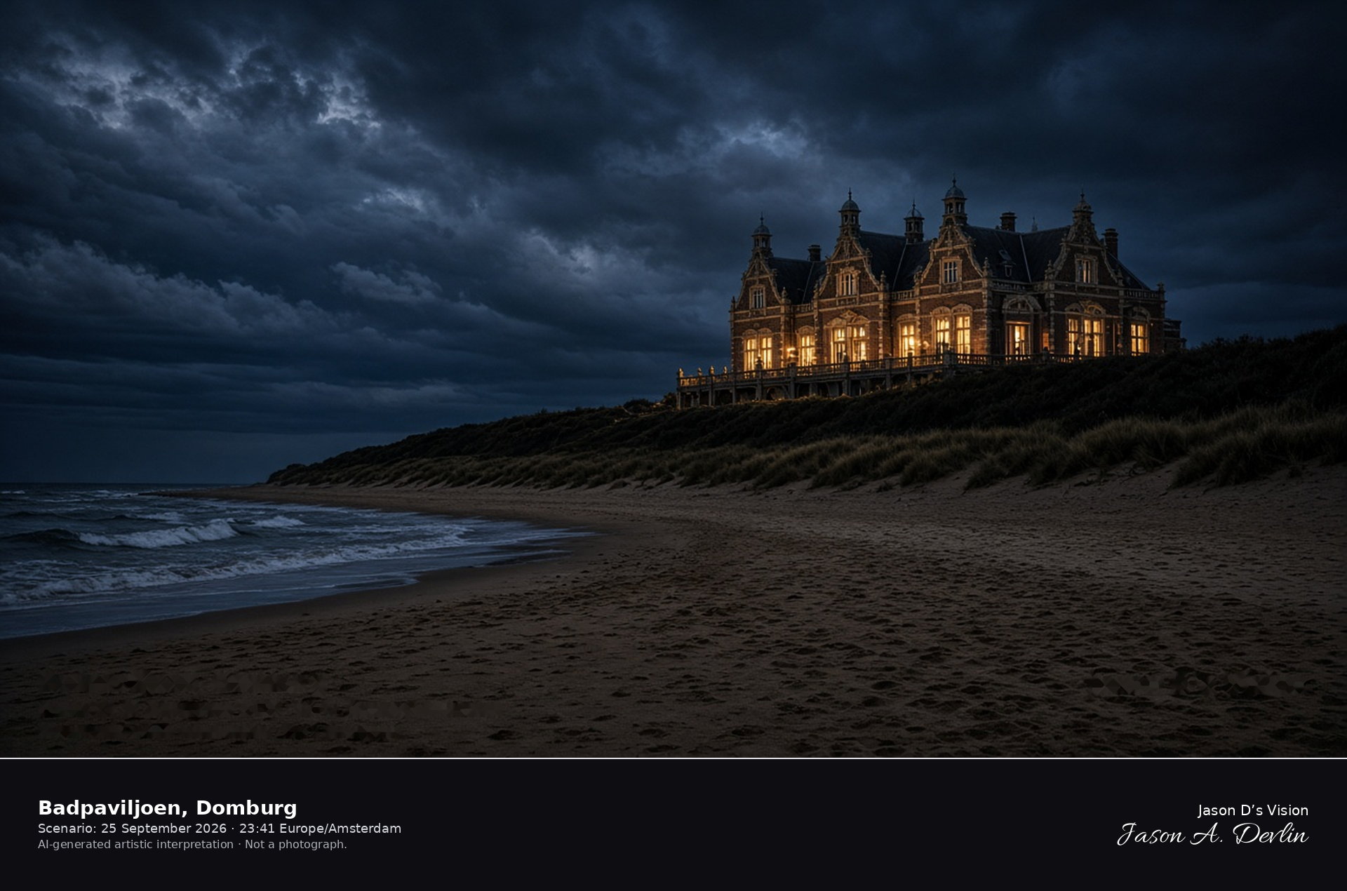 AI-generated artistic interpretation of the Badpaviljoen and beach at Domburg on a partly cloudy night, with no pier