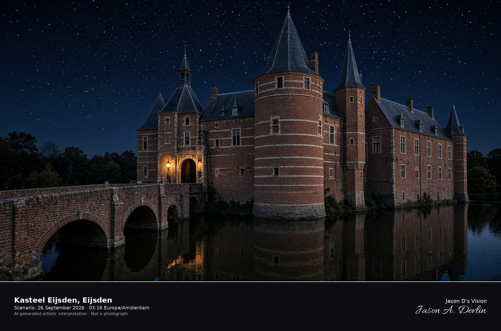 AI-generated artistic interpretation of Kasteel Eijsden at night, brick walls and moat from the bridge