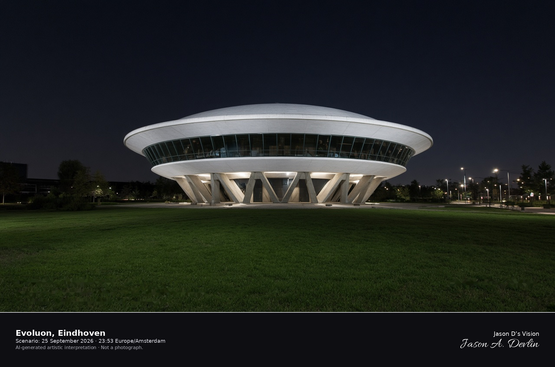 AI-generated artistic interpretation of the Evoluon in Eindhoven on a clear night, the white saucer raised on columns