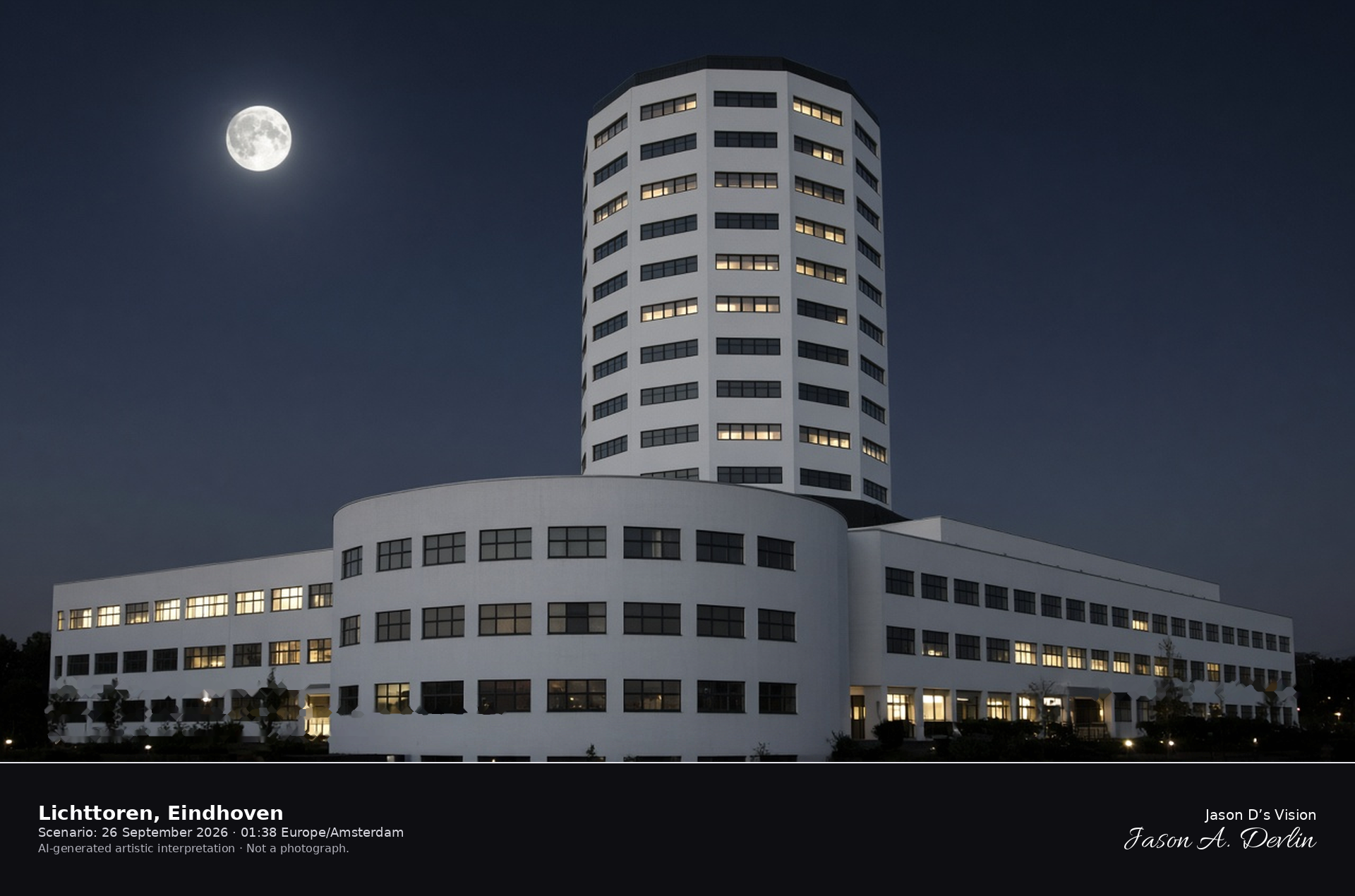 AI-generated artistic interpretation of the white Lichttoren in Eindhoven under a clear night sky