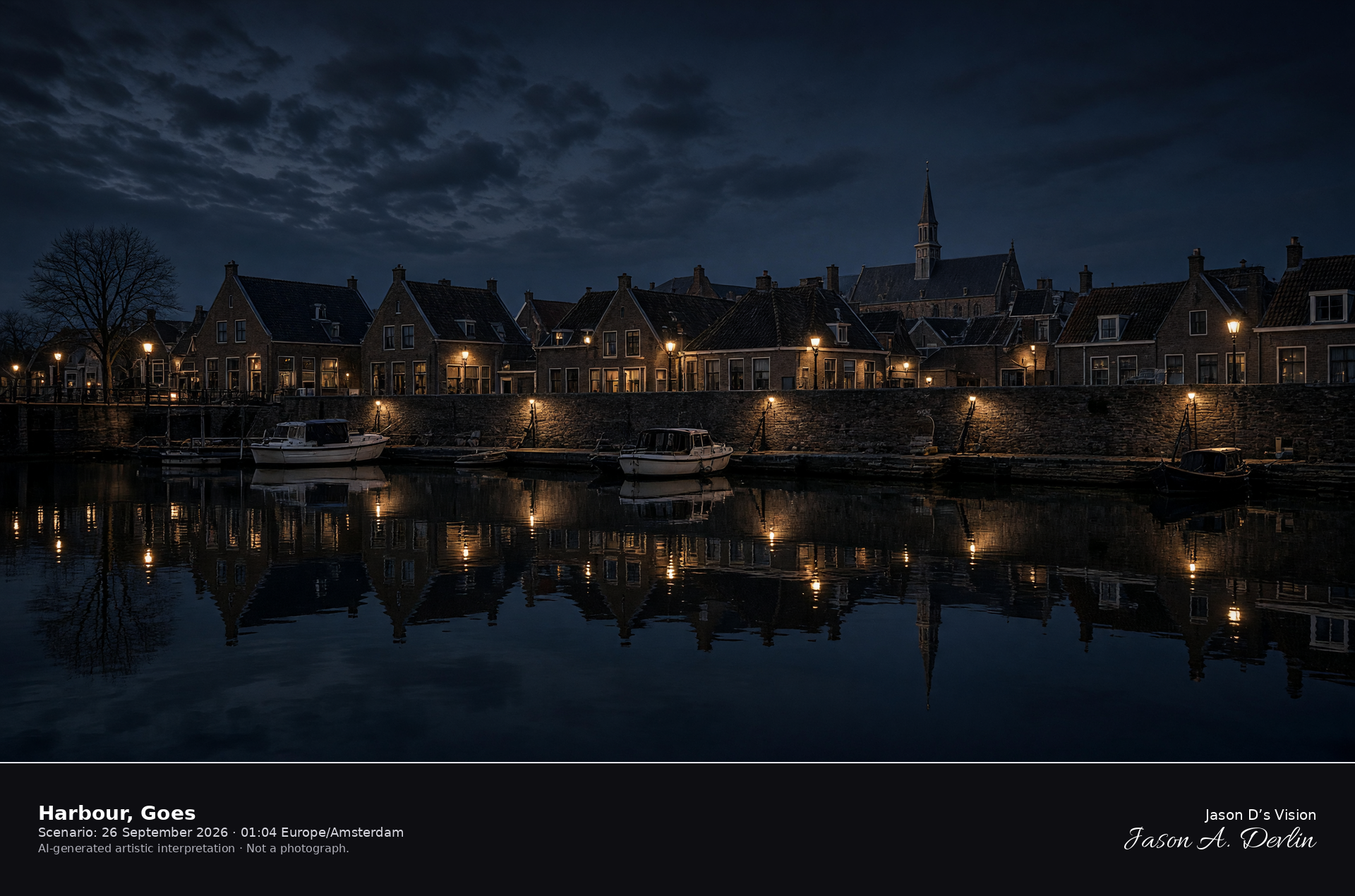 AI-generated artistic interpretation of the town harbour in Goes on a mainly clear night, with the Grote Kerk crossing tower behind the roofs