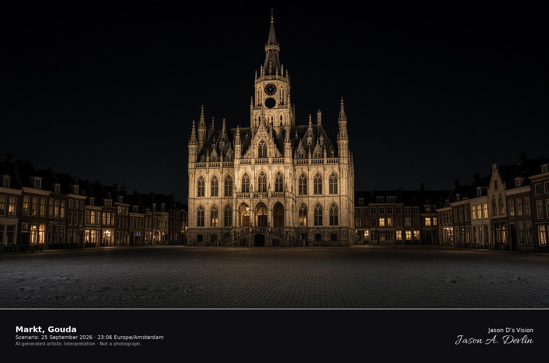 AI-generated artistic interpretation of the Markt and Stadhuis in Gouda on a clear night, the square empty