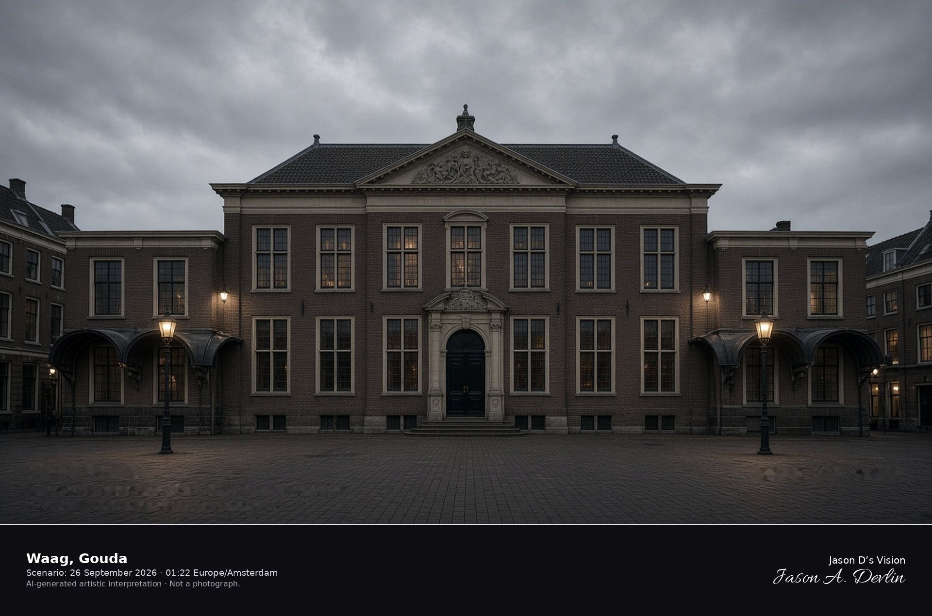 AI-generated artistic interpretation of the Waag on the Markt in Gouda on an overcast night