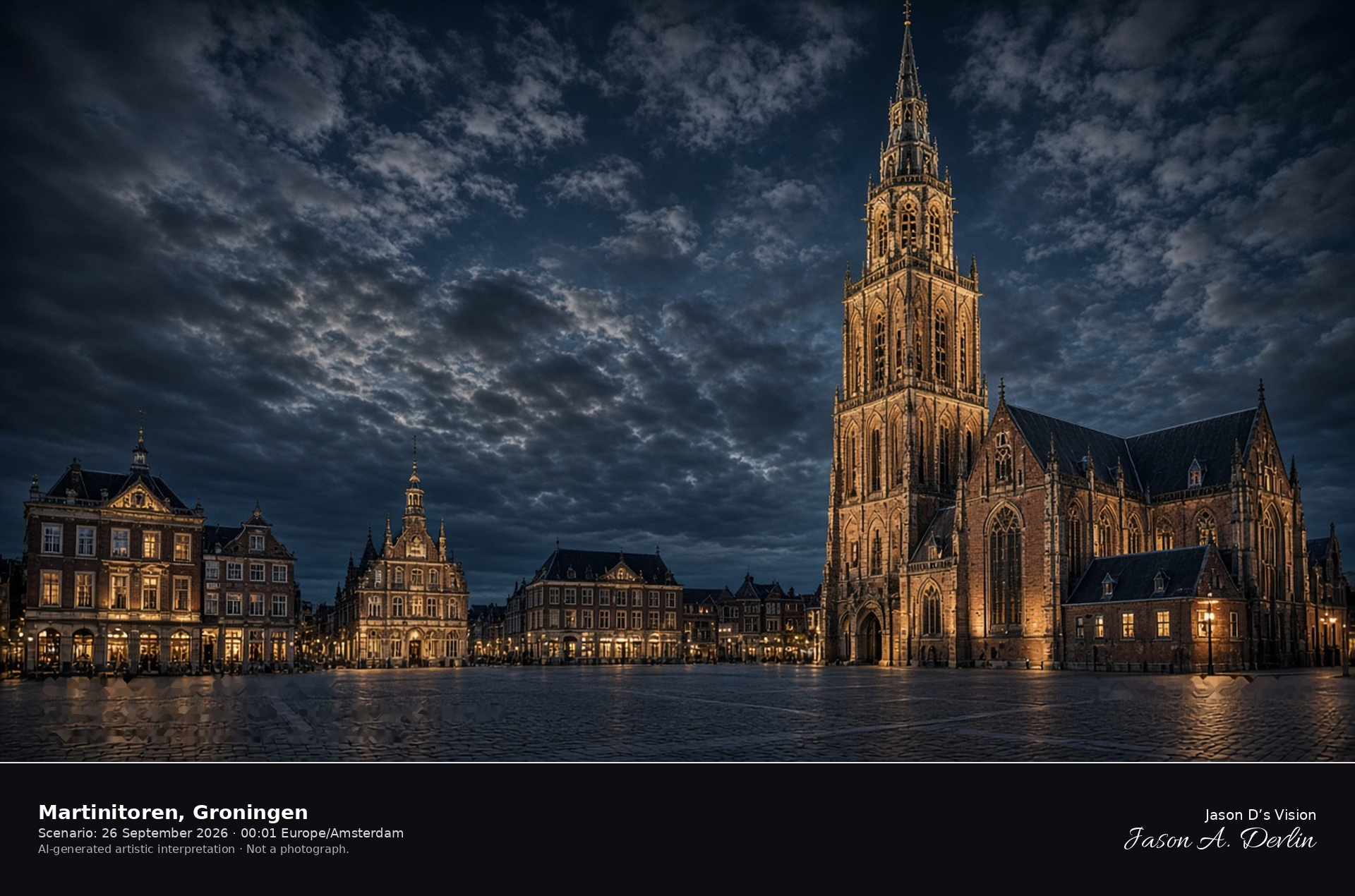 AI-generated artistic interpretation of the Martinitoren from the Grote Markt in Groningen on a partly cloudy night