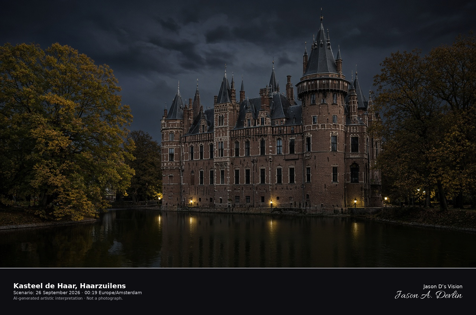 AI-generated artistic interpretation of Kasteel de Haar at Haarzuilens on a partly cloudy night