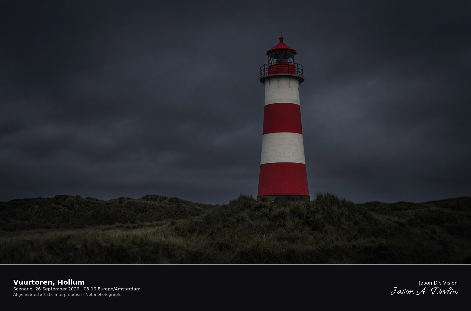 AI-generated artistic interpretation of the red-and-white lighthouse at Hollum on Ameland at night