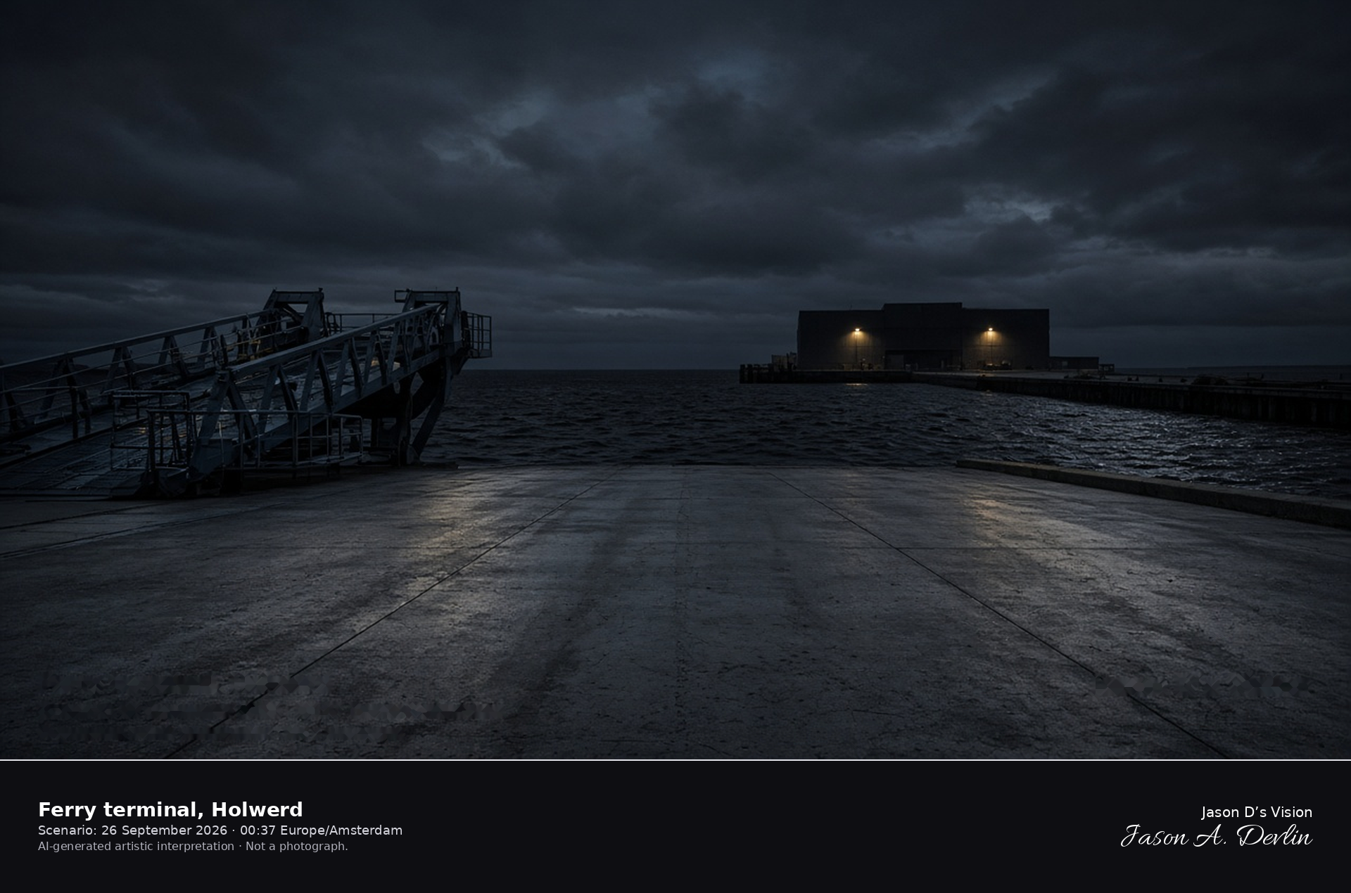 AI-generated artistic interpretation of the empty Holwerd ferry terminal on the Wadden Sea on a partly cloudy night