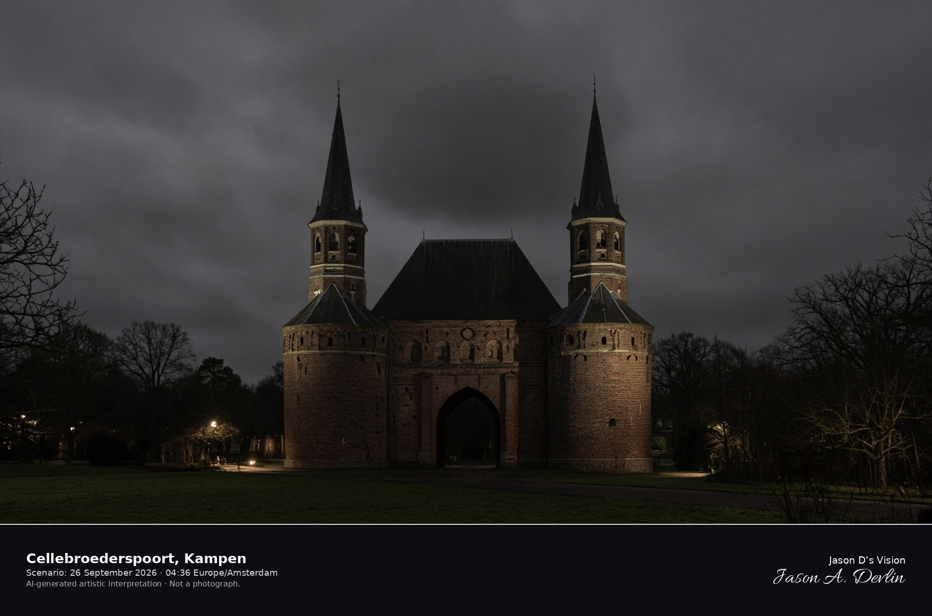 AI-generated artistic interpretation of the Cellebroederspoort in Kampen at night