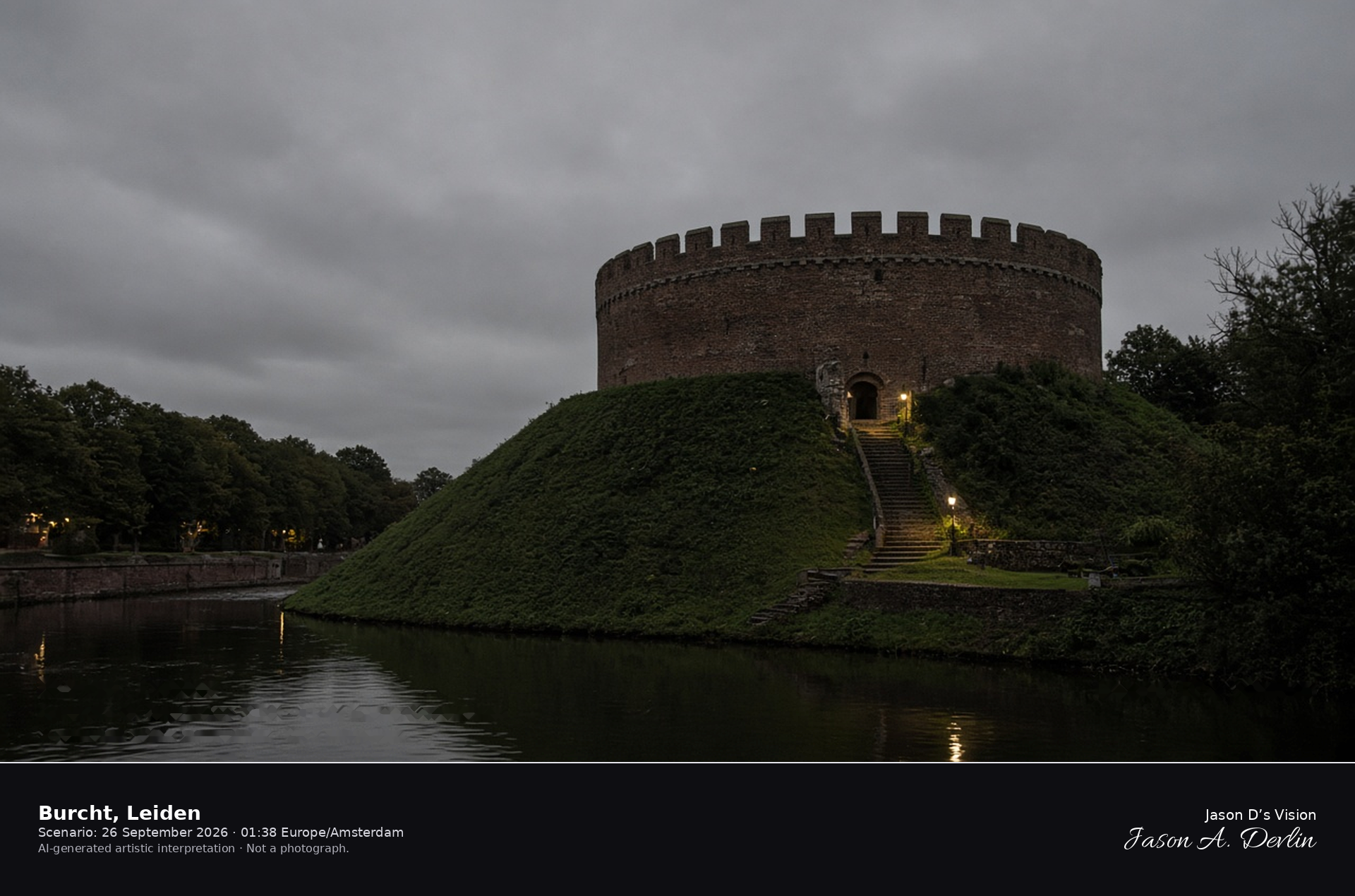 AI-generated artistic interpretation of the Burcht shell keep on its mound in Leiden on an overcast night