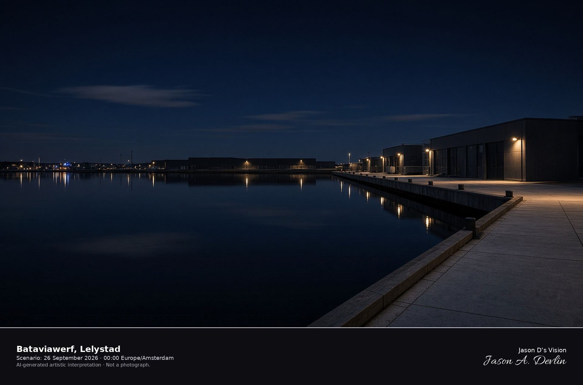 AI-generated artistic interpretation of the Bataviawerf harbour in Lelystad at night, with the ship berth empty