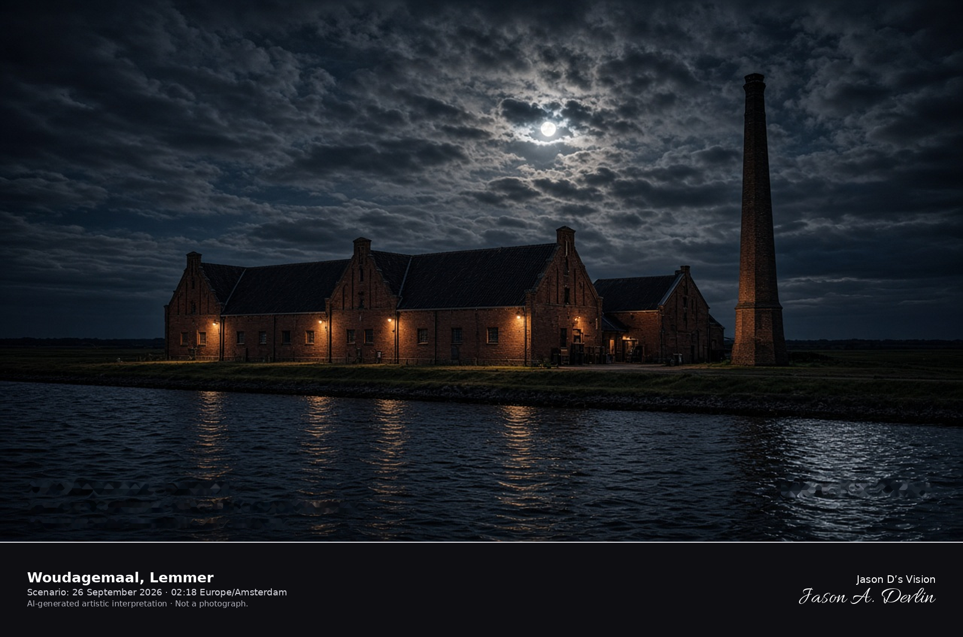 AI-generated artistic interpretation of the Woudagemaal at Lemmer at night, brick halls and a tall chimney beside dark water