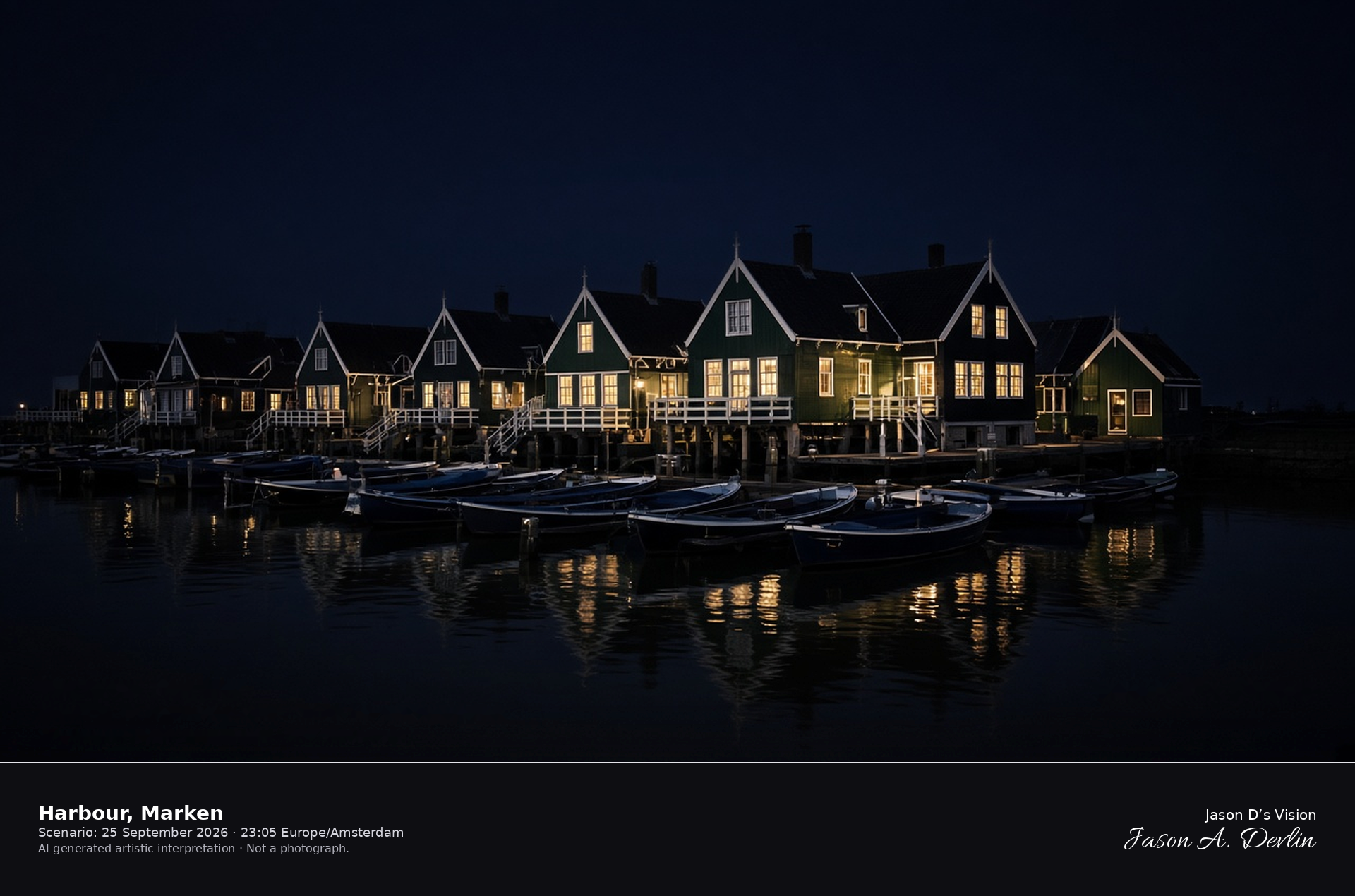 AI-generated artistic interpretation of Marken harbour at night, with dark green wooden houses and small boats