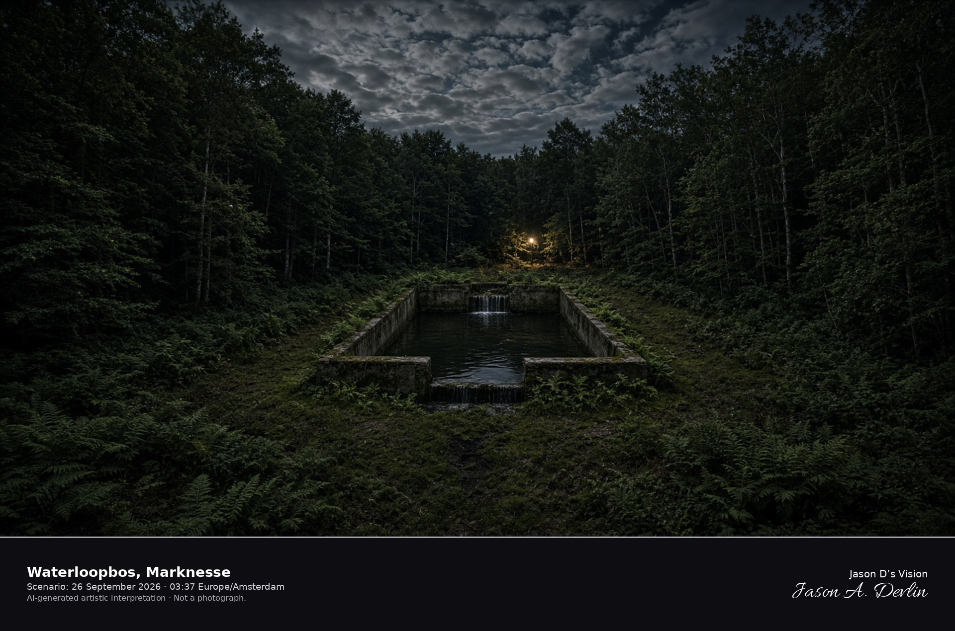 AI-generated artistic interpretation of the concrete wave basin in the Waterloopbos at Marknesse at night
