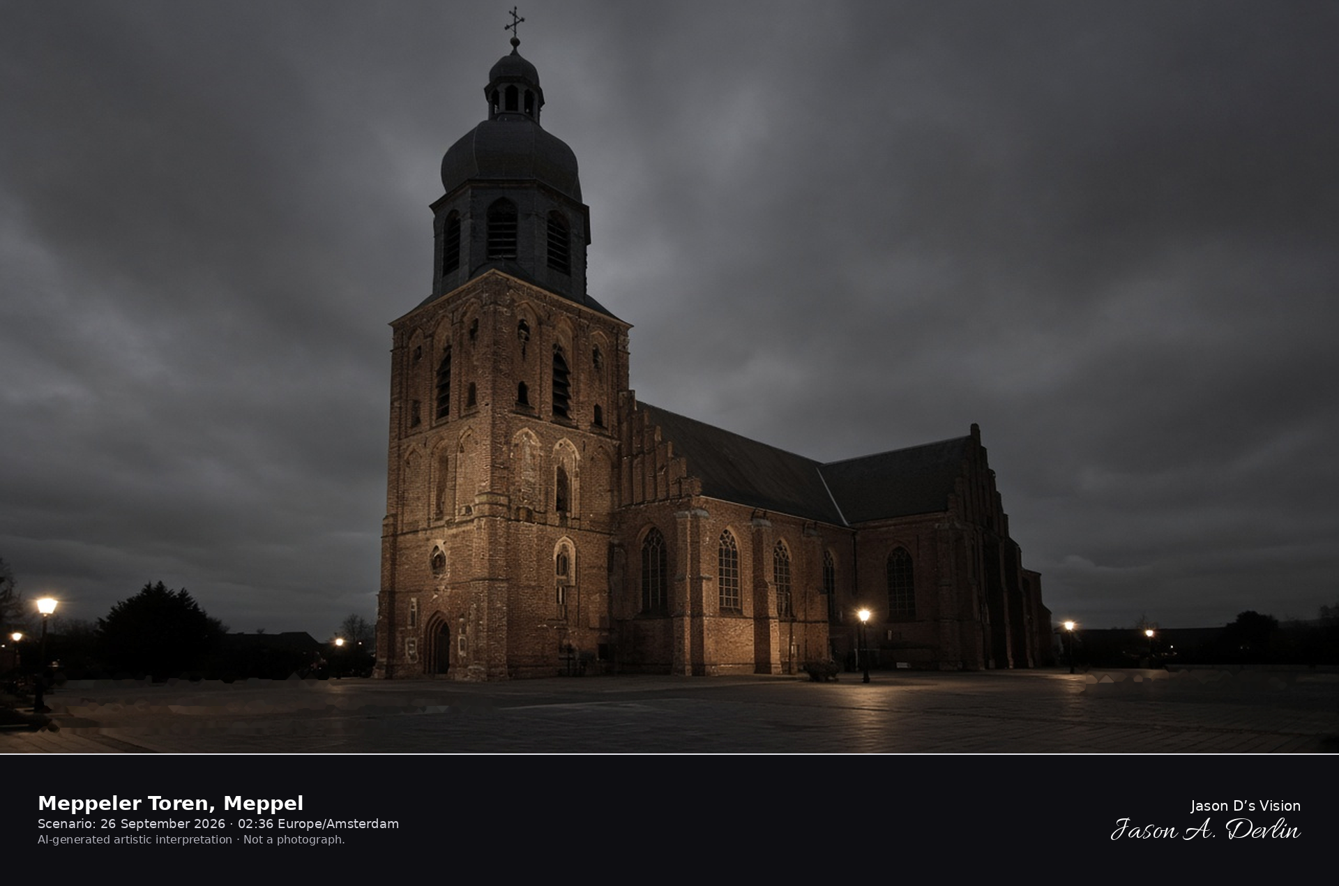 AI-generated artistic interpretation of the Meppeler Toren at night, a brick church tower with a cupola on a dry square