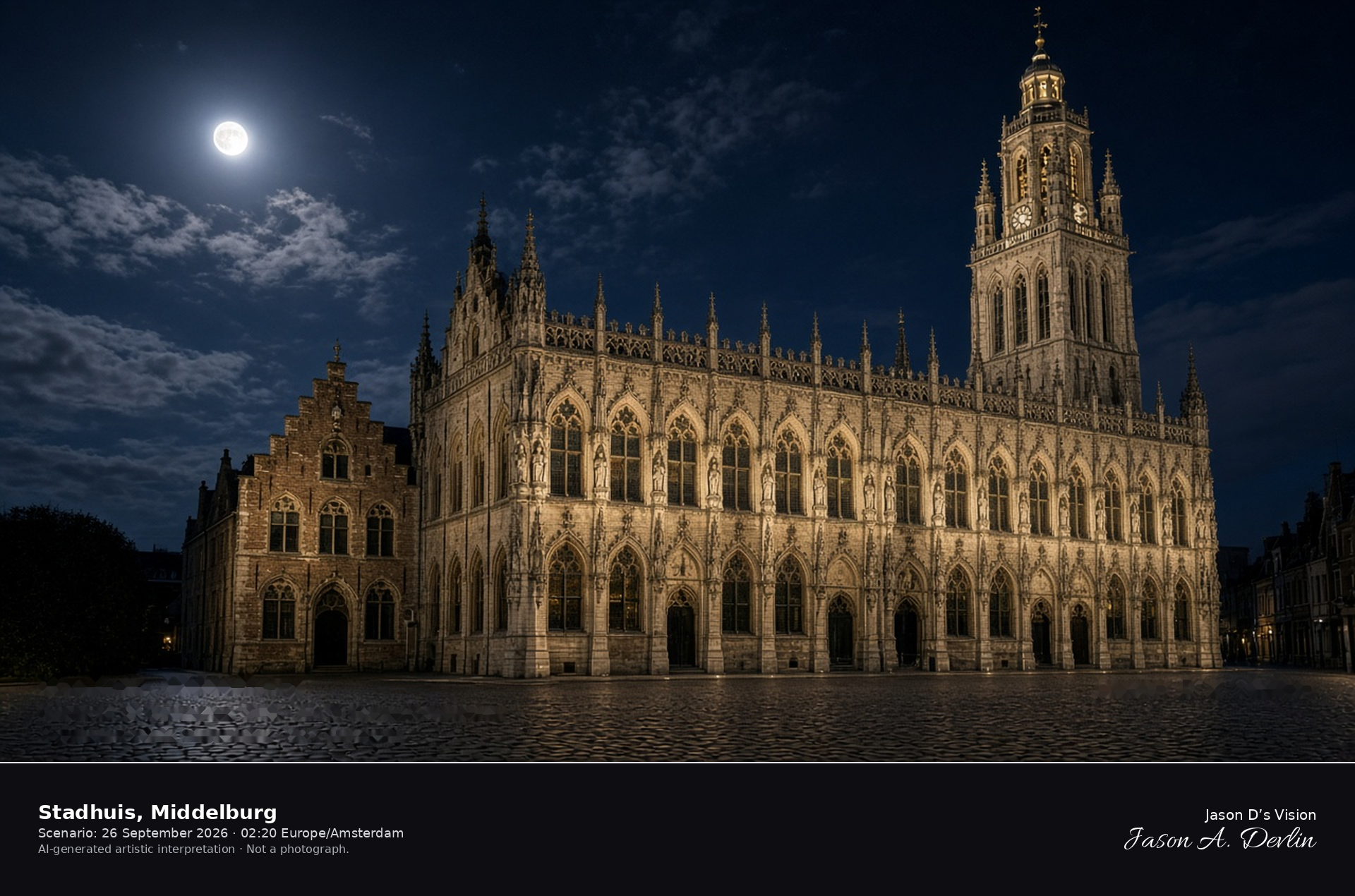 AI-generated artistic interpretation of the Stadhuis in Middelburg at night, a Gothic stone facade under a mainly clear sky