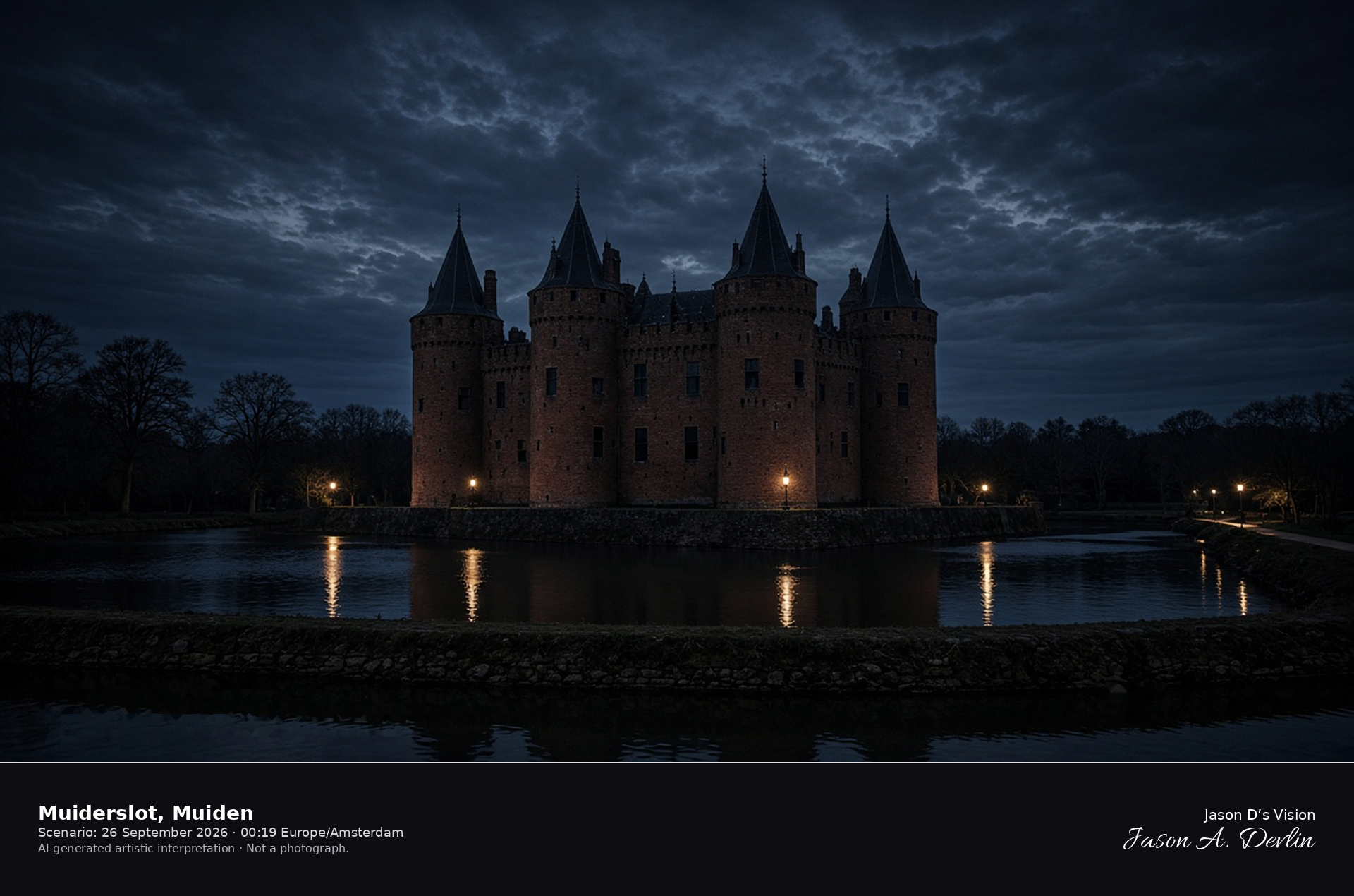 AI-generated artistic interpretation of Muiderslot in Muiden on a partly cloudy night
