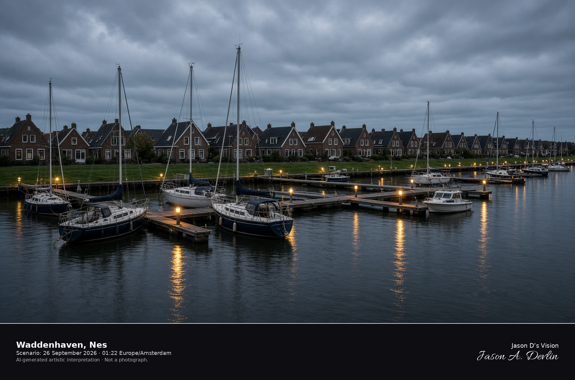 AI-generated artistic interpretation of the yacht harbour at Nes on Ameland under an overcast night sky