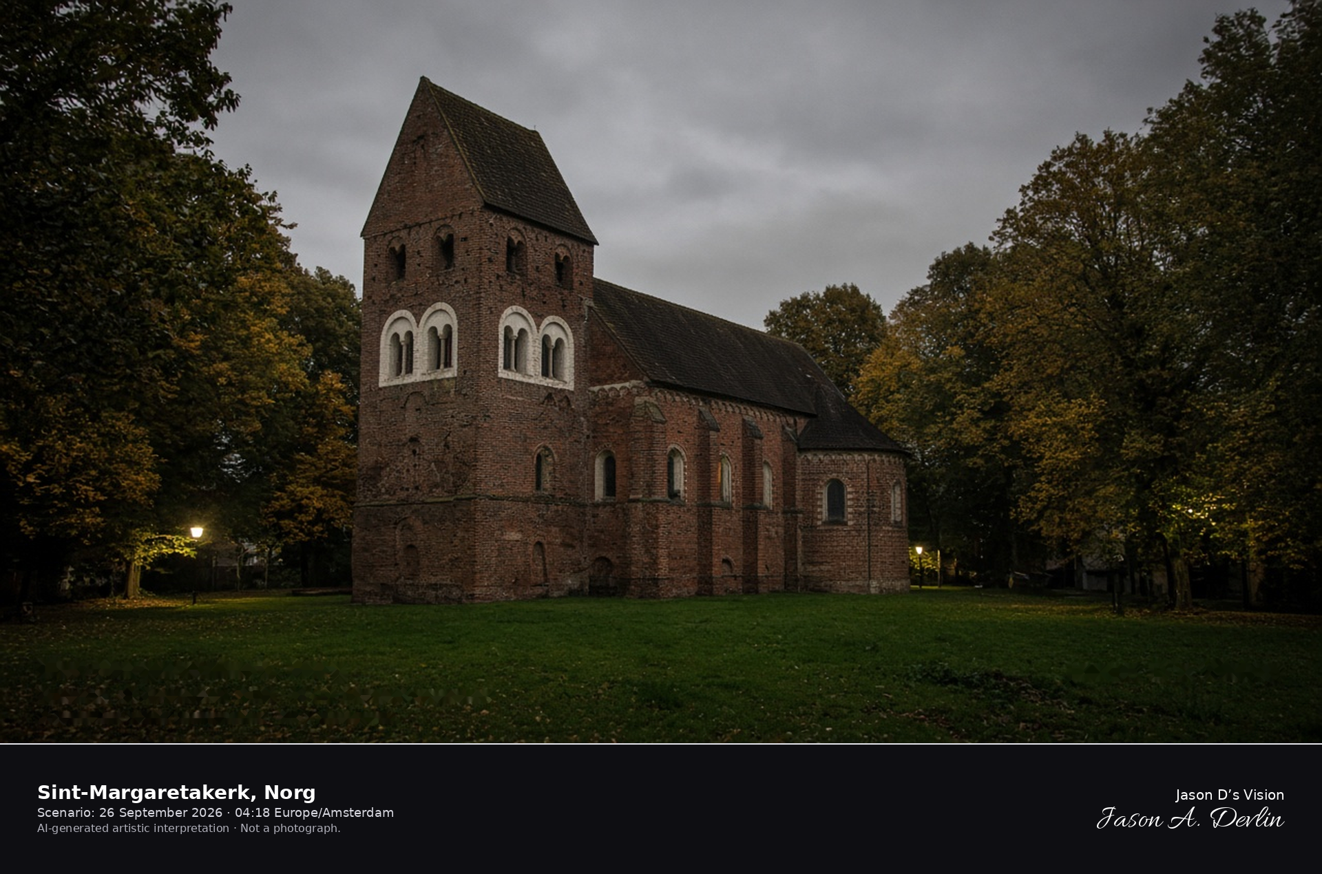 AI-generated artistic interpretation of the Sint-Margaretakerk in Norg at night