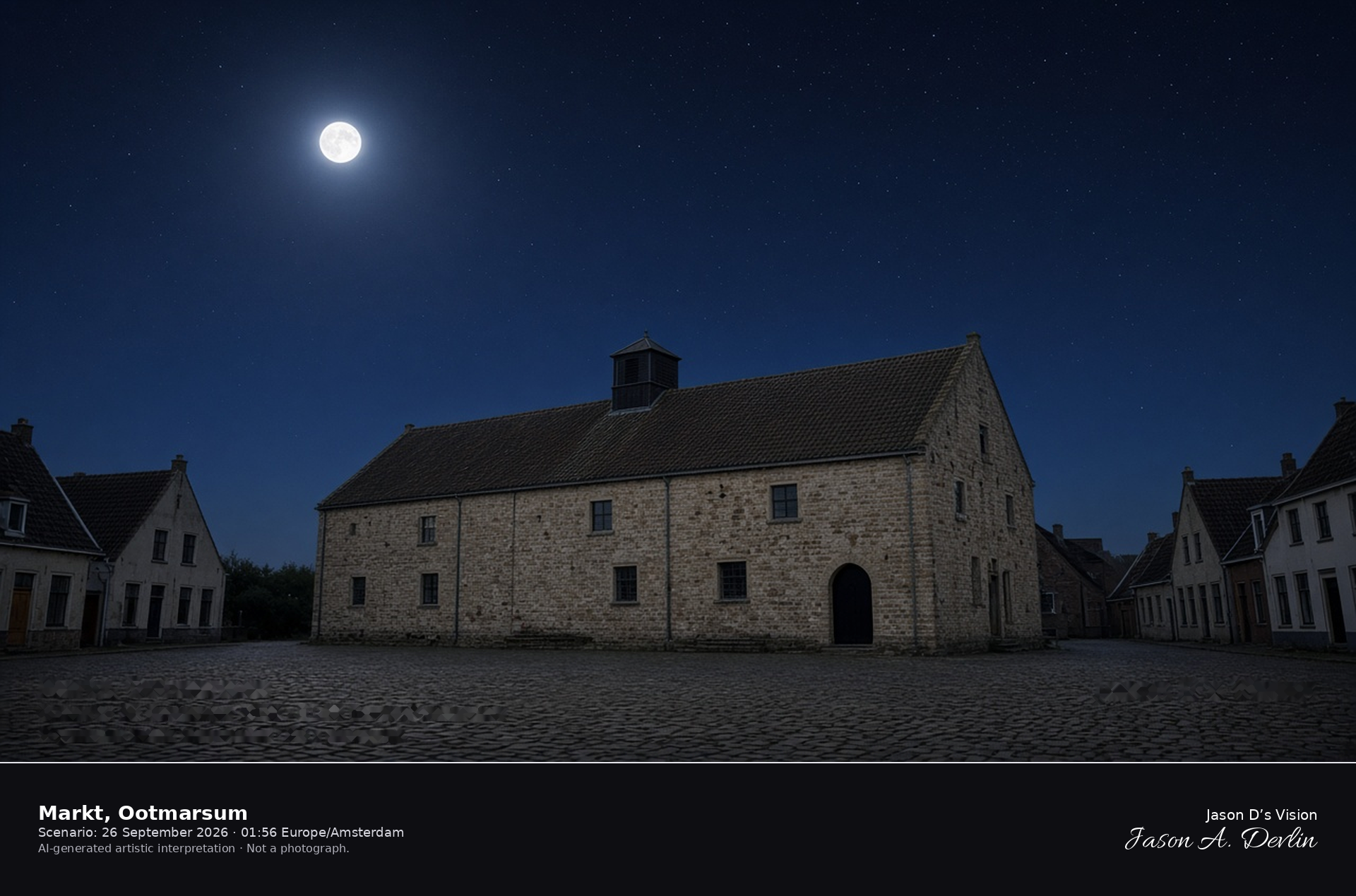 AI-generated artistic interpretation of the low sandstone church on the Markt in Ootmarsum under a clear night sky