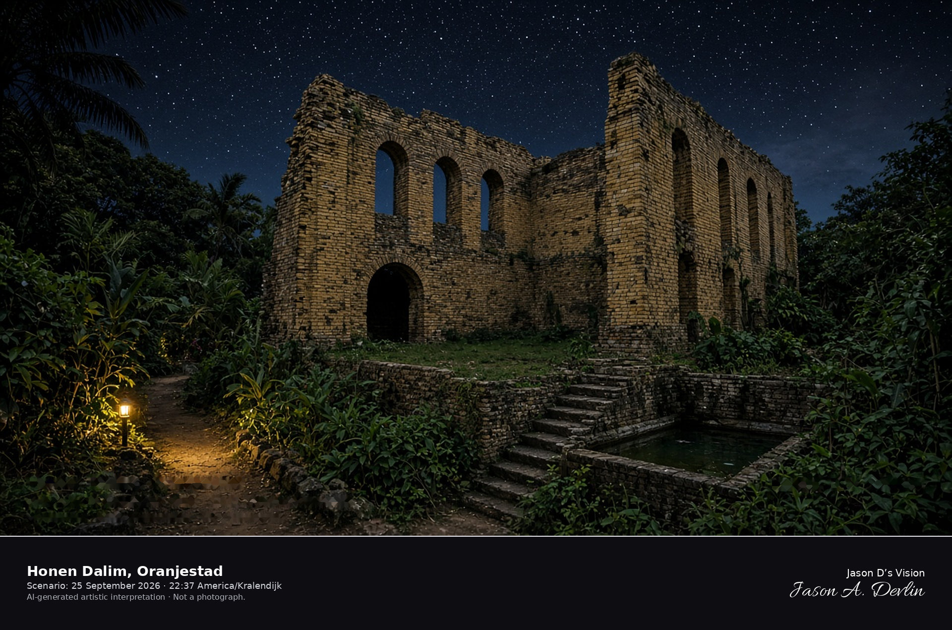 AI-generated artistic interpretation of the Honen Dalim synagogue ruin in Oranjestad at night