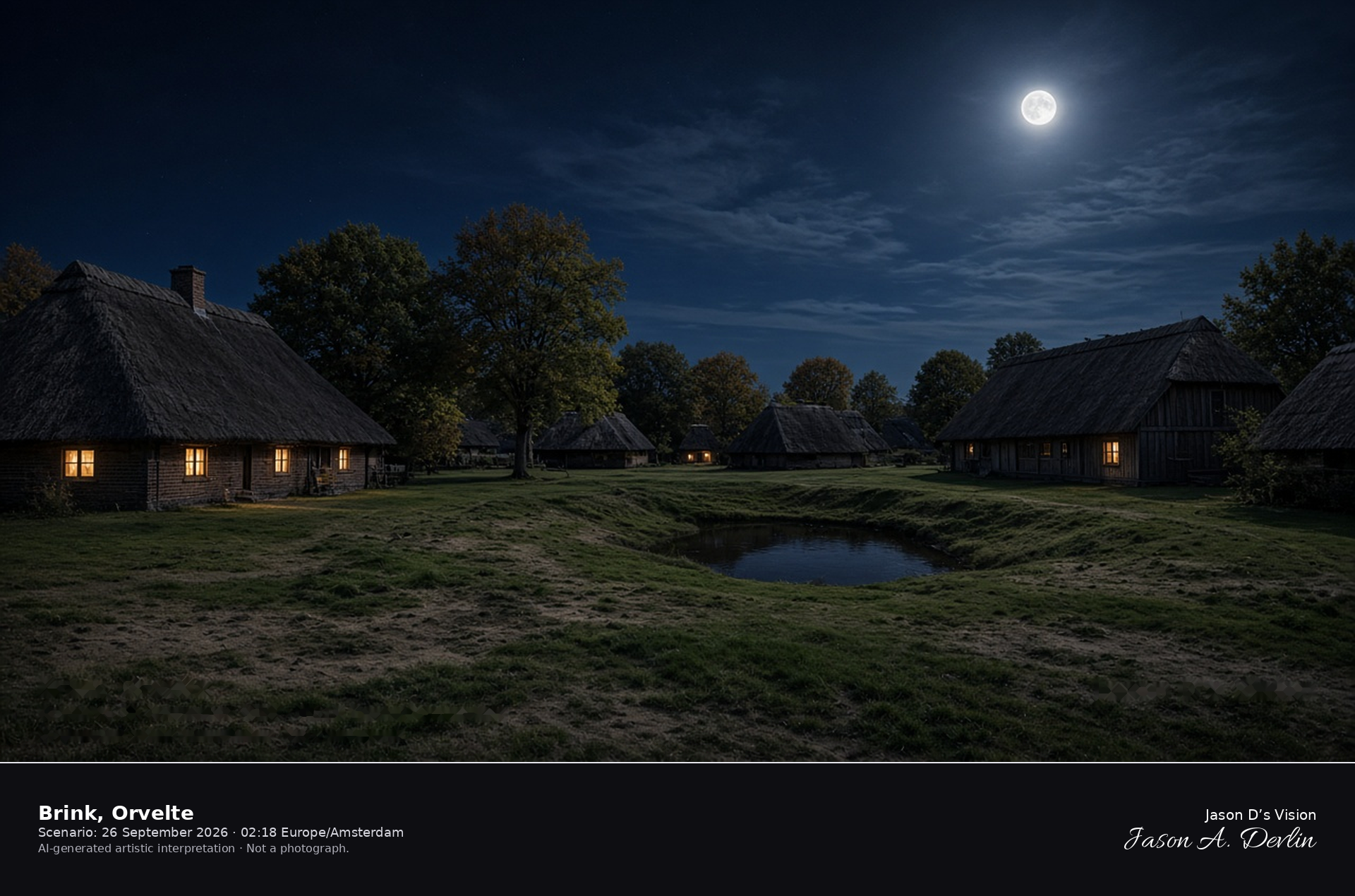 AI-generated artistic interpretation of the brink at Orvelte at night, thatched farmhouses under a mainly clear sky
