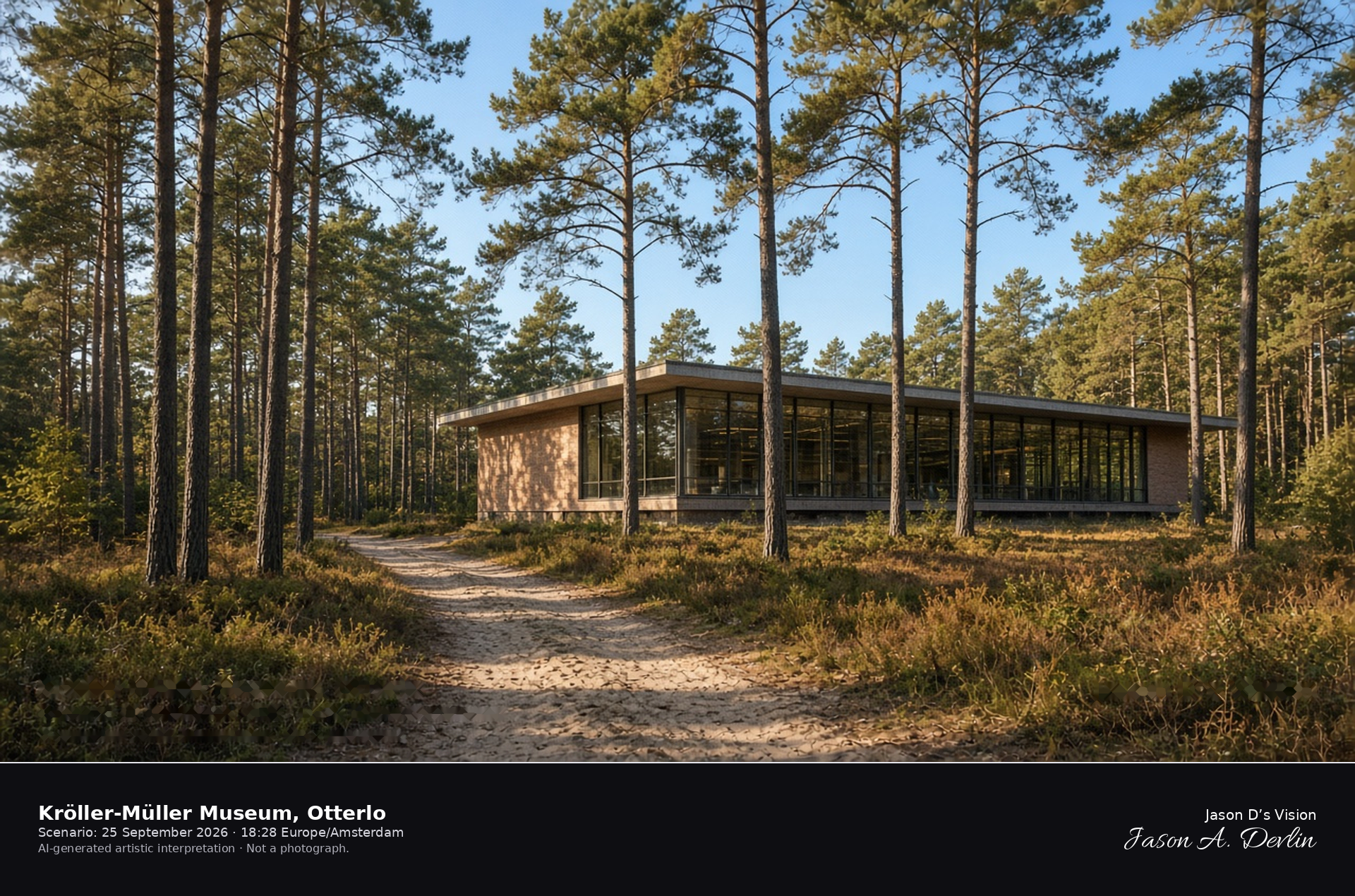 AI-generated artistic interpretation of the Kröller-Müller Museum exterior among pines near Otterlo on a clear late September afternoon