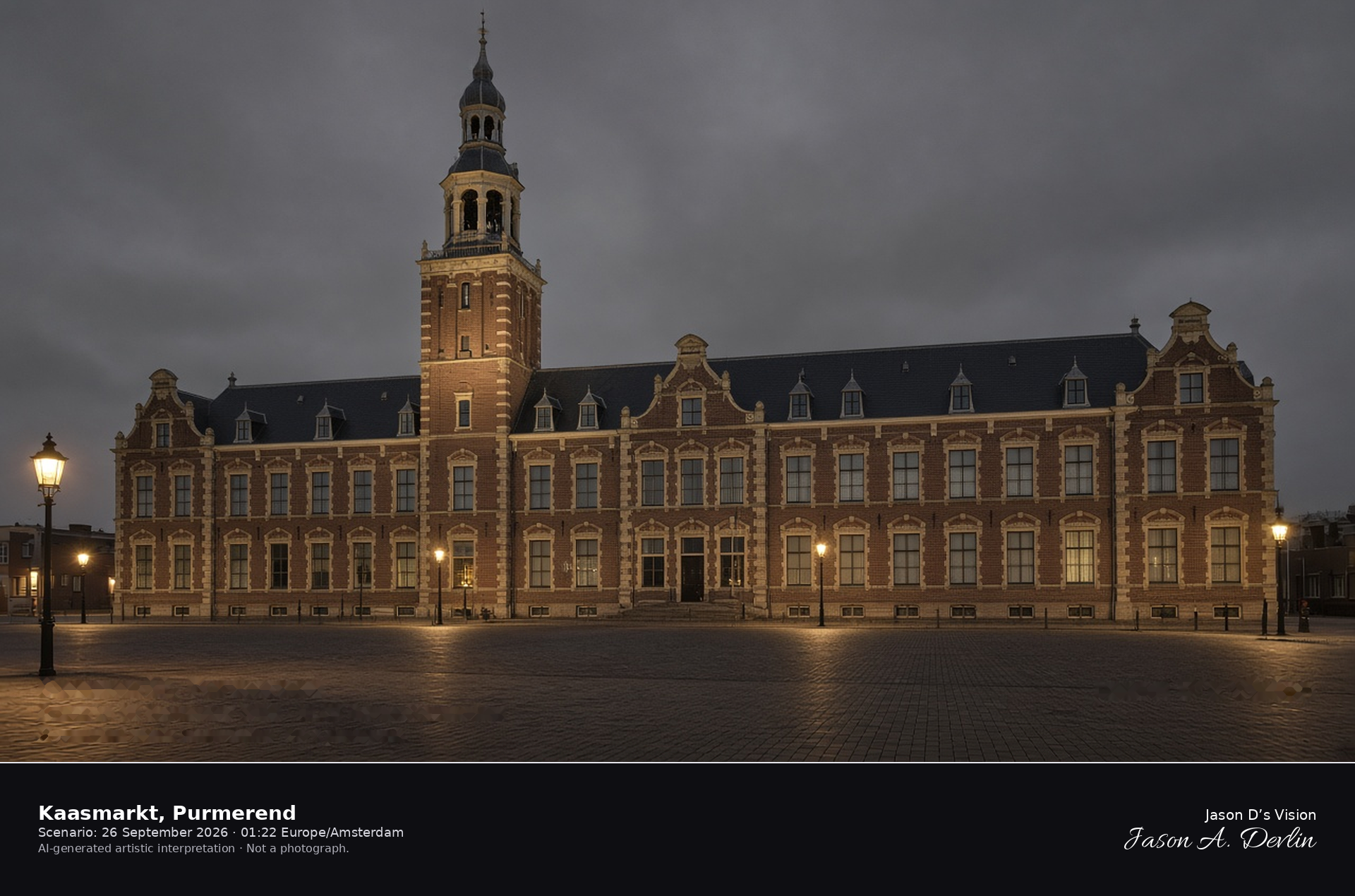 AI-generated artistic interpretation of the former town hall and its tower on the Kaasmarkt in Purmerend on an overcast night