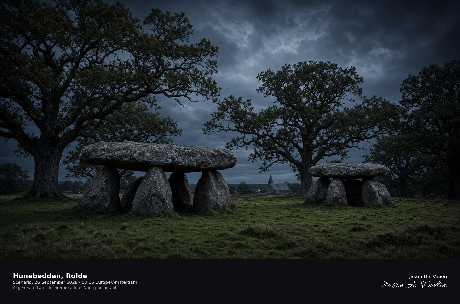 AI-generated artistic interpretation of the two hunebedden at Rolde at night, under oaks