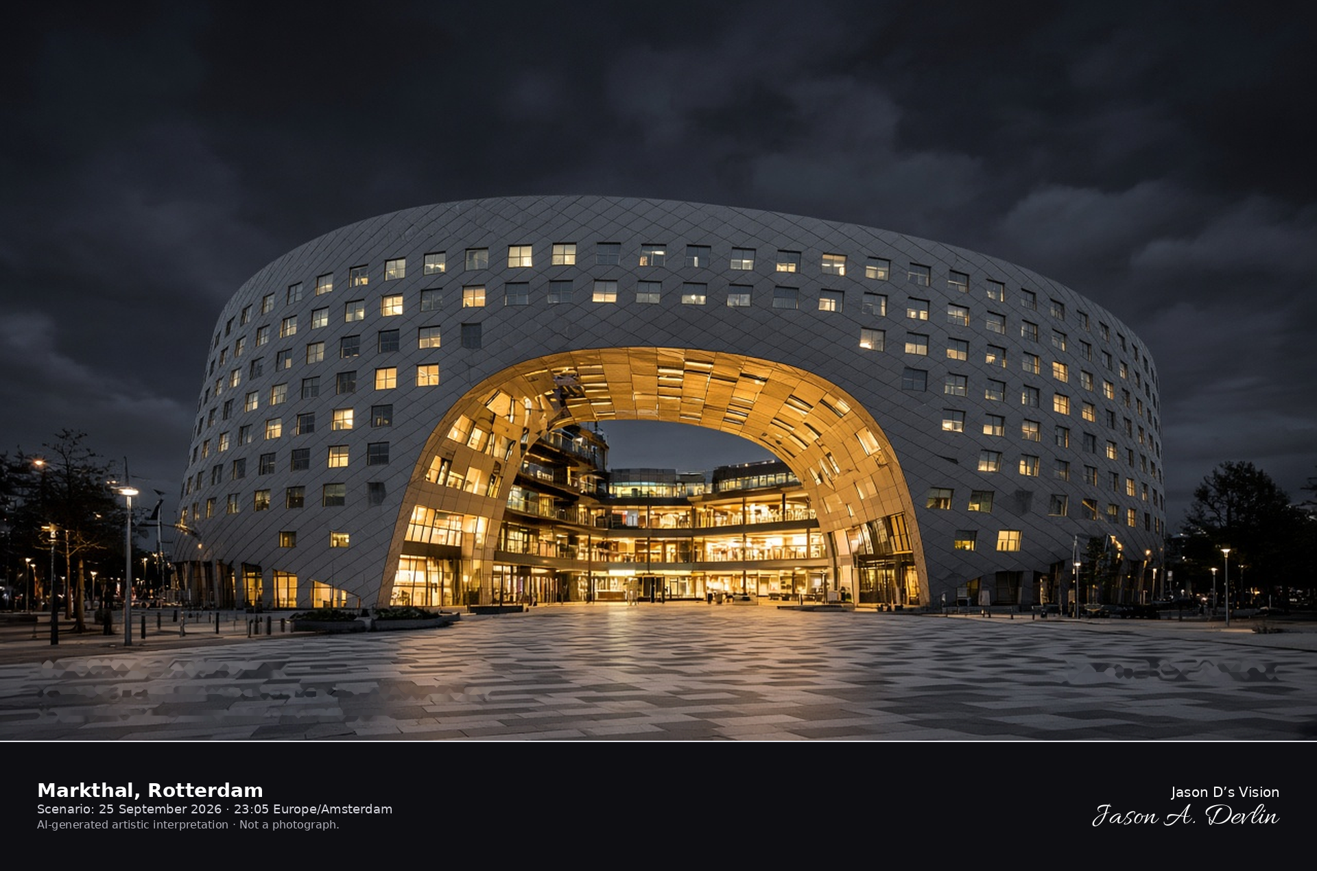 AI-generated artistic interpretation of the Markthal exterior in Rotterdam at night, the apartment arch seen from the street