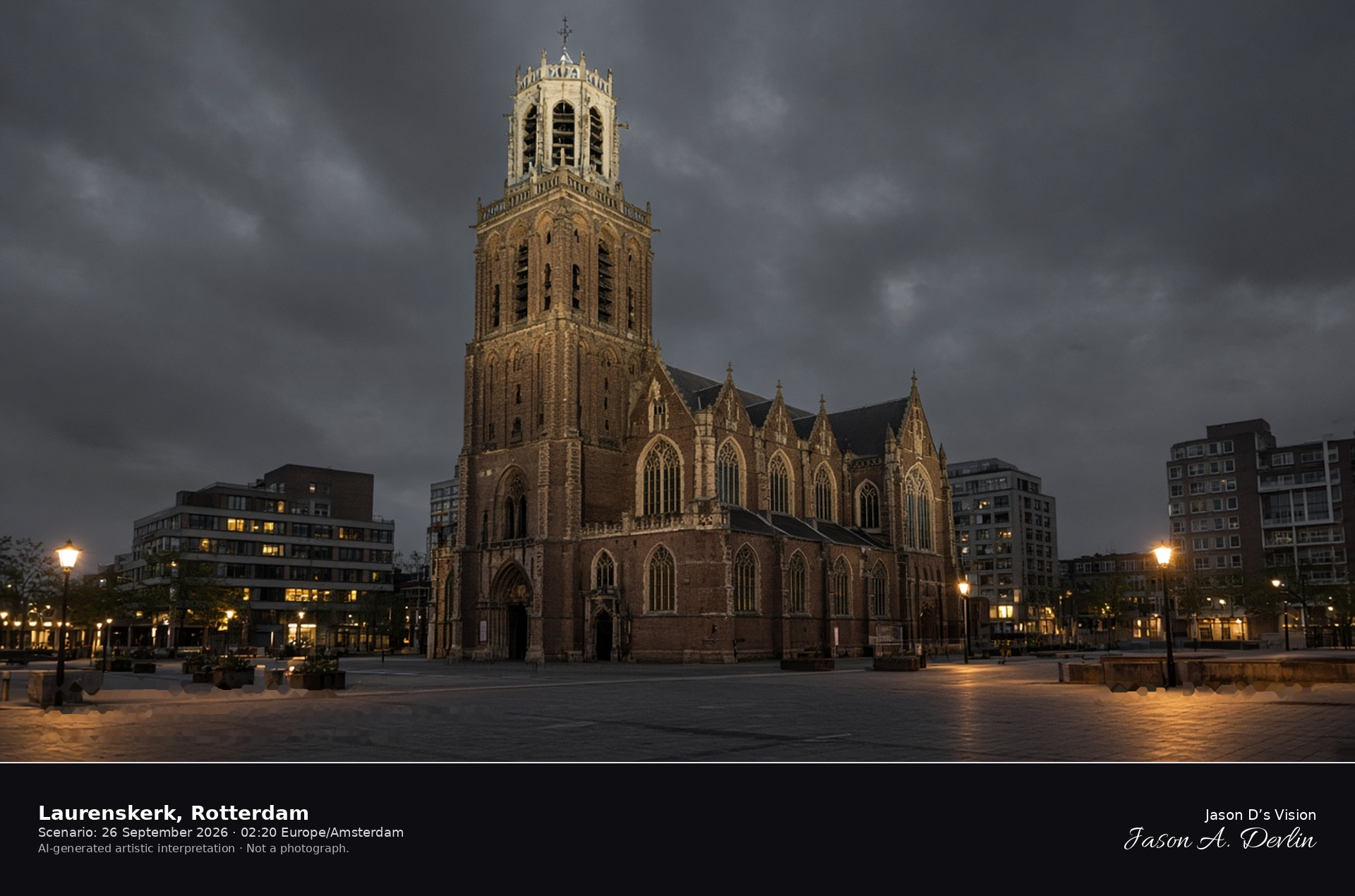 AI-generated artistic interpretation of the Laurenskerk in Rotterdam at night, a brick tower with a stone crown under an overcast sky