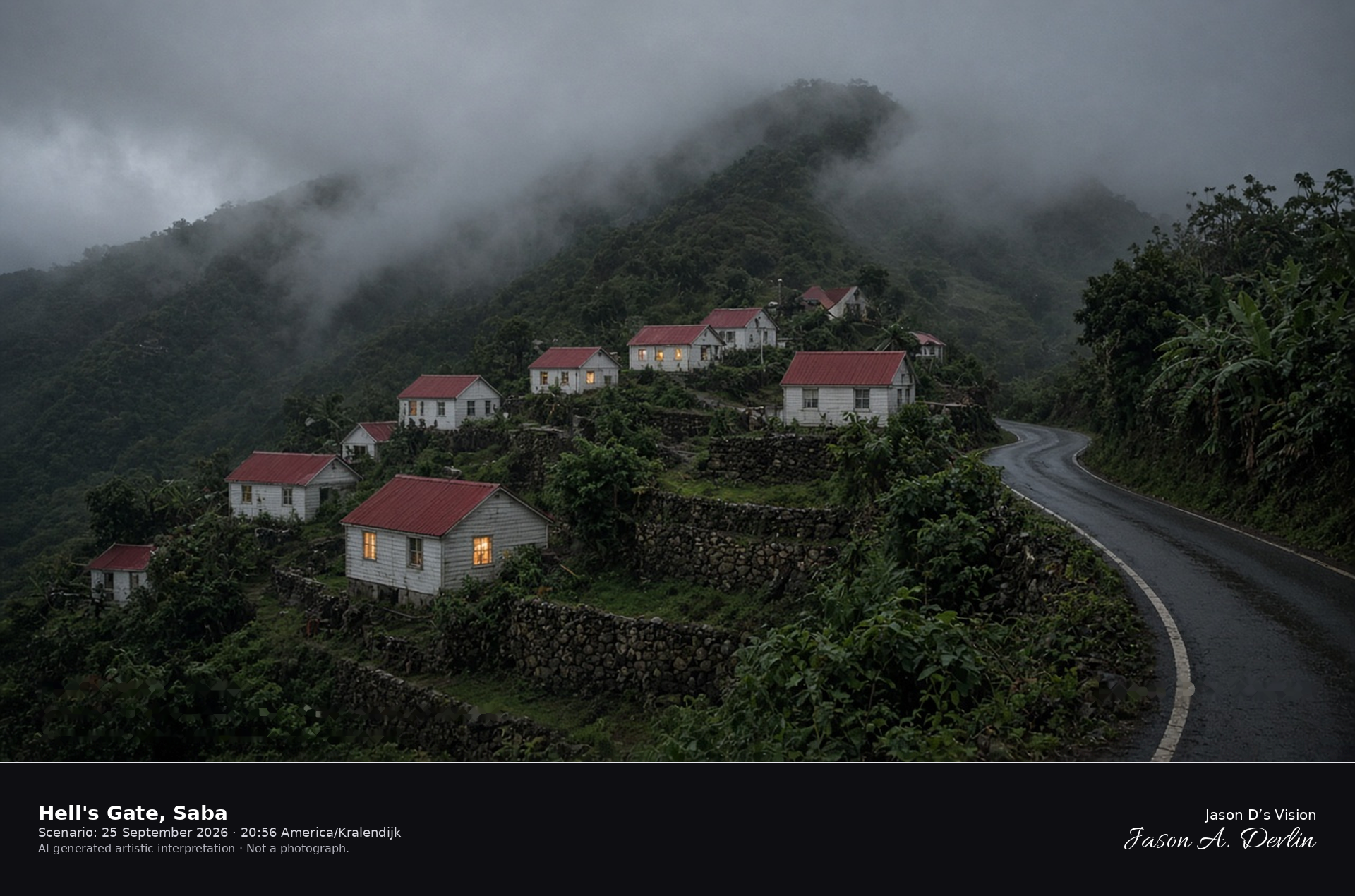 AI-generated artistic interpretation of Hell's Gate on Saba at night, white houses on a cloudy ridge