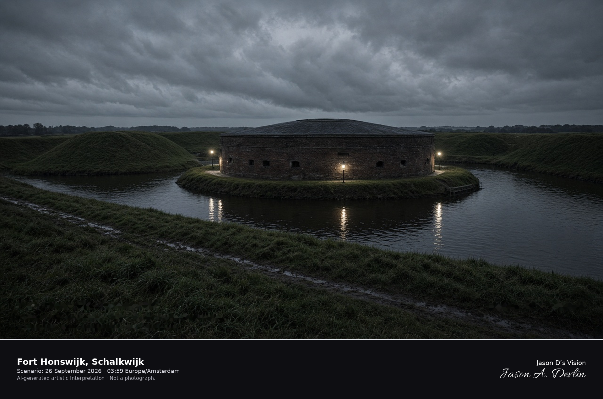 AI-generated artistic interpretation of Fort Honswijk at night