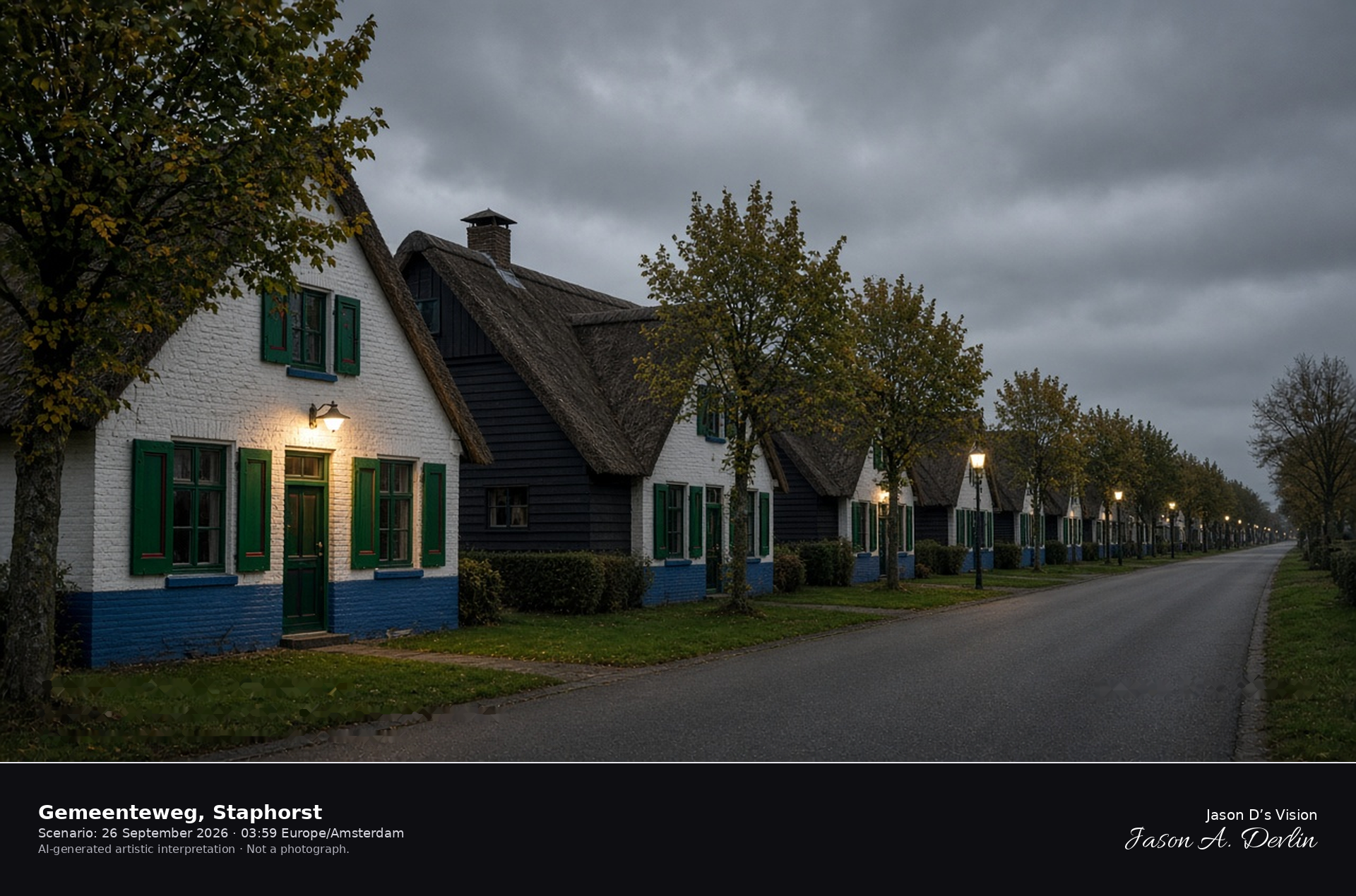 AI-generated artistic interpretation of the painted thatched farms along the Gemeenteweg in Staphorst at night