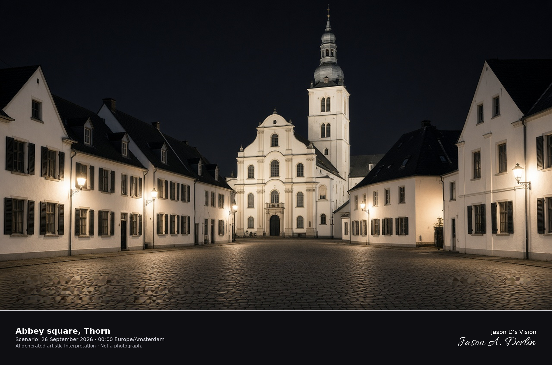 AI-generated artistic interpretation of the white abbey square in Thorn on a clear night